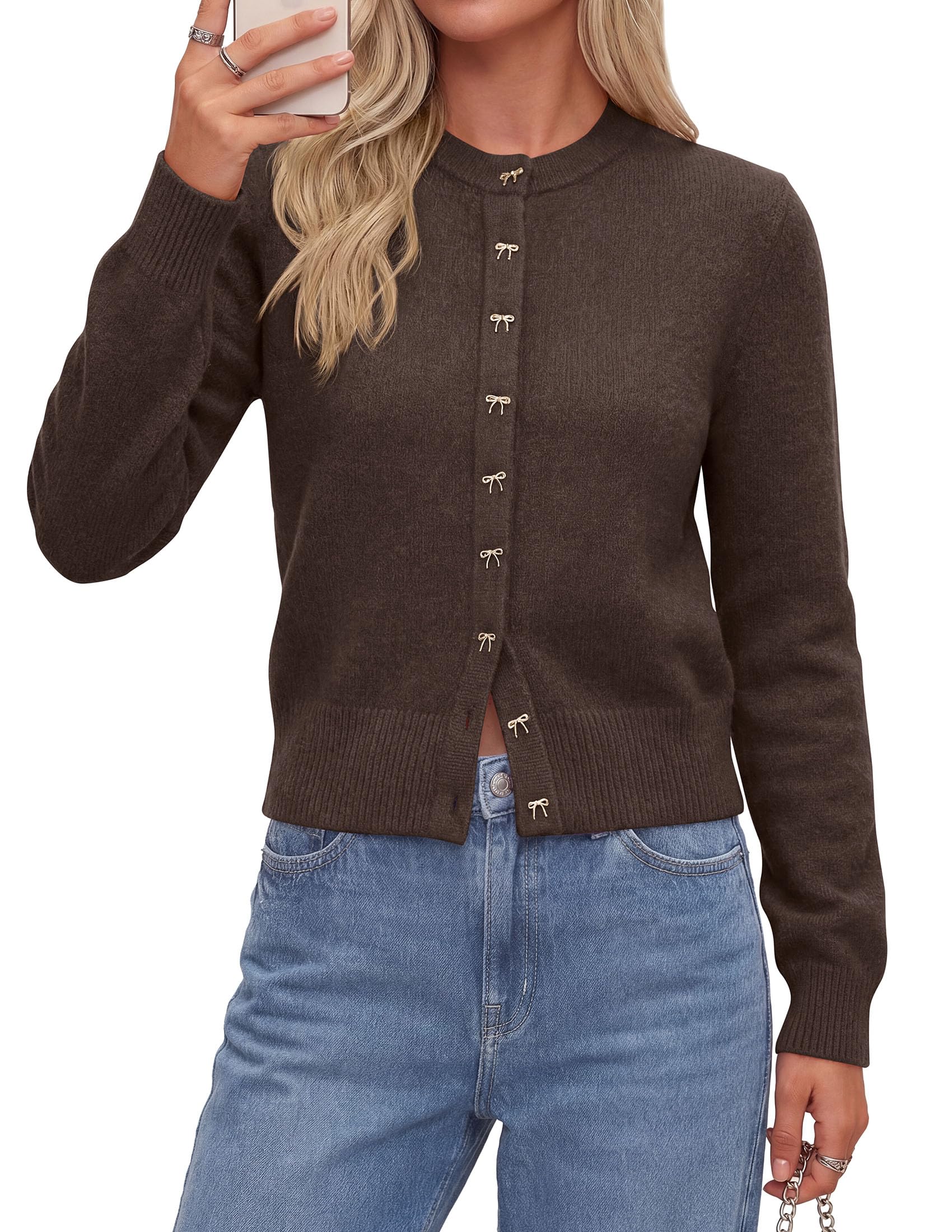 Cardigan Sweaters for Women Cropped Bow Button Up Cardigan