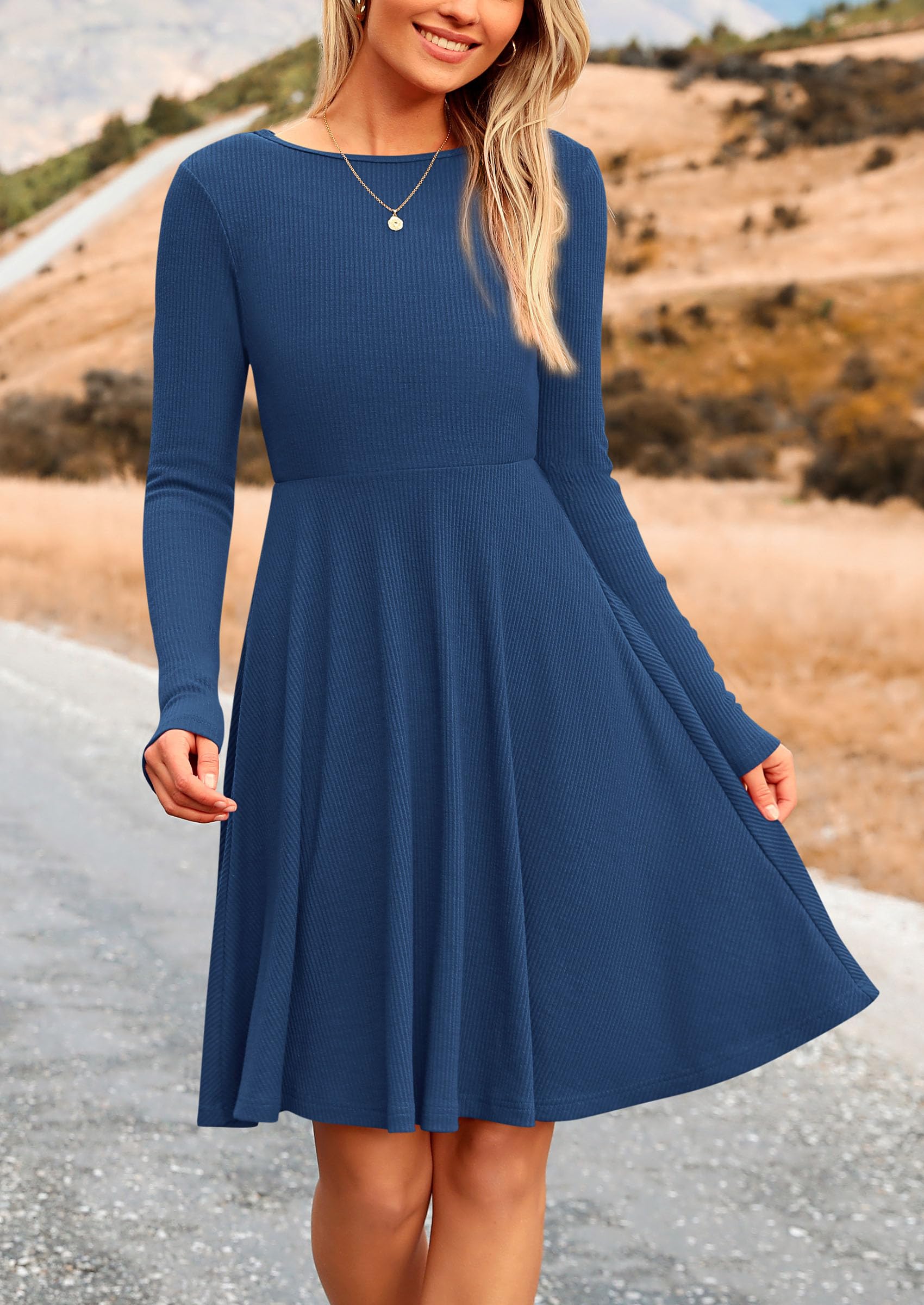 Women's Fall Casual Long Sleeve Short Dress (Dark Blue,S)