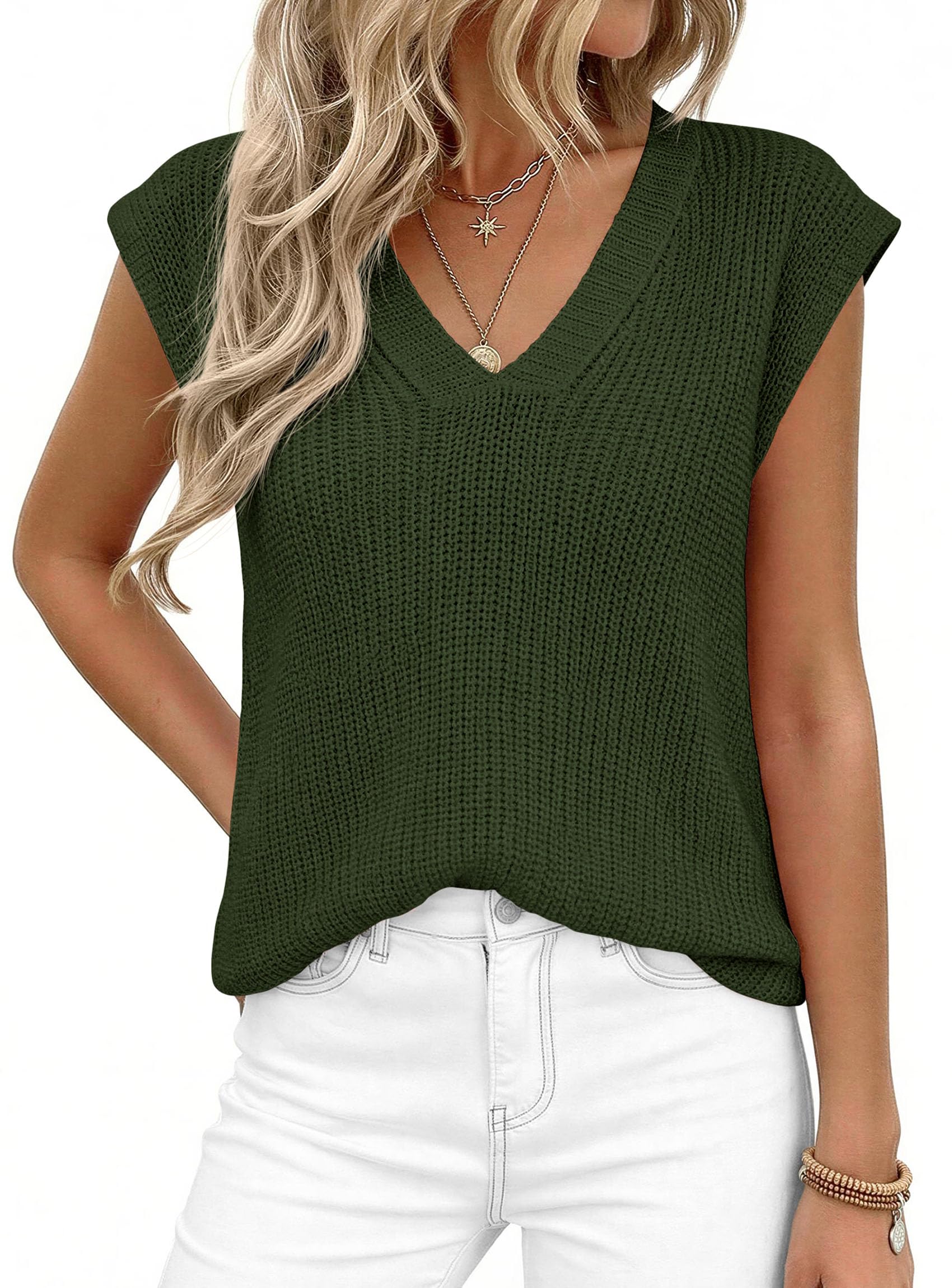 Women's Cap Sleeve Sweaters Vest Summer Tops (Army Green,S)