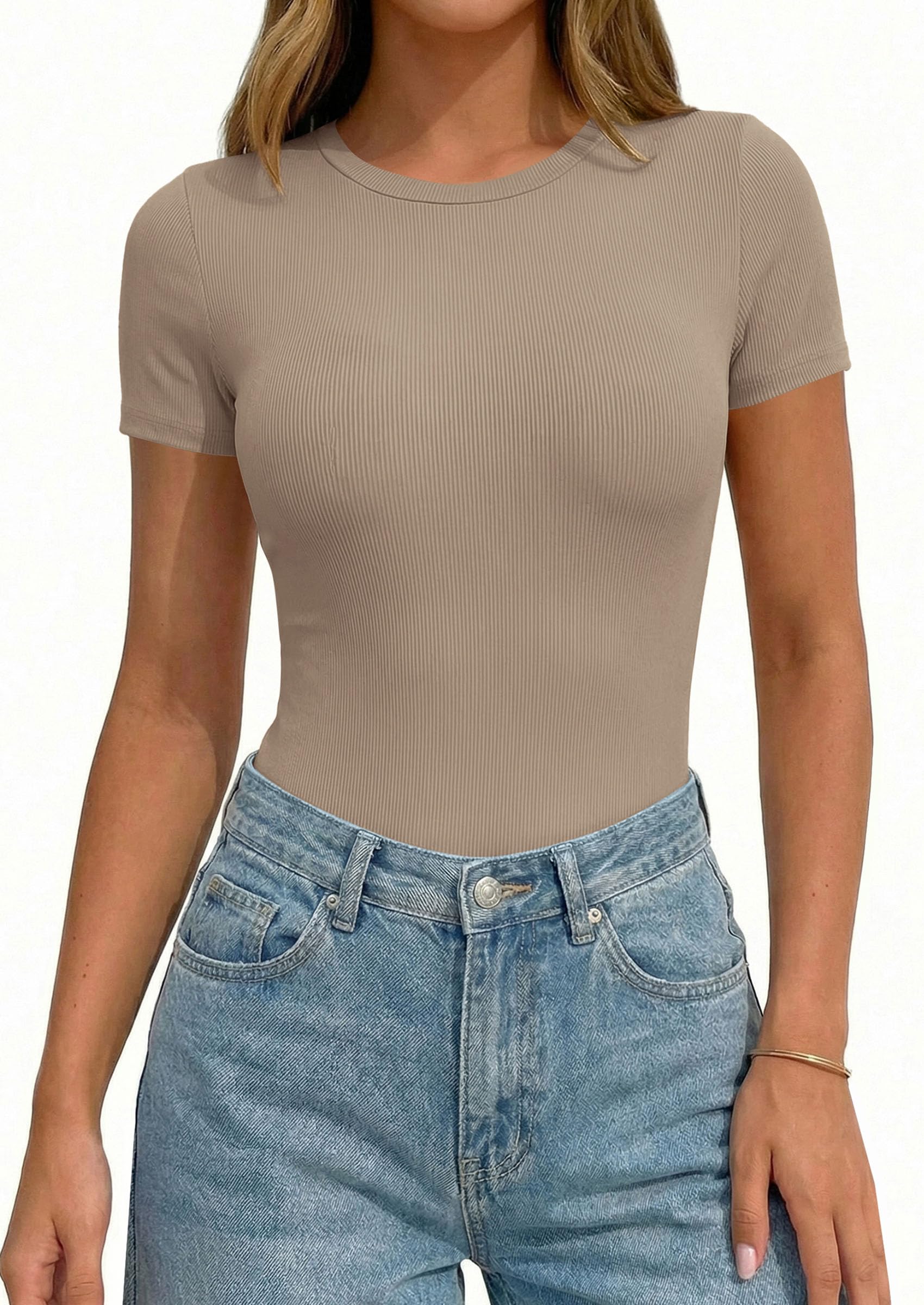 Body Suits for Womens Short Sleeve Summer Tops, Light Khaki,XS