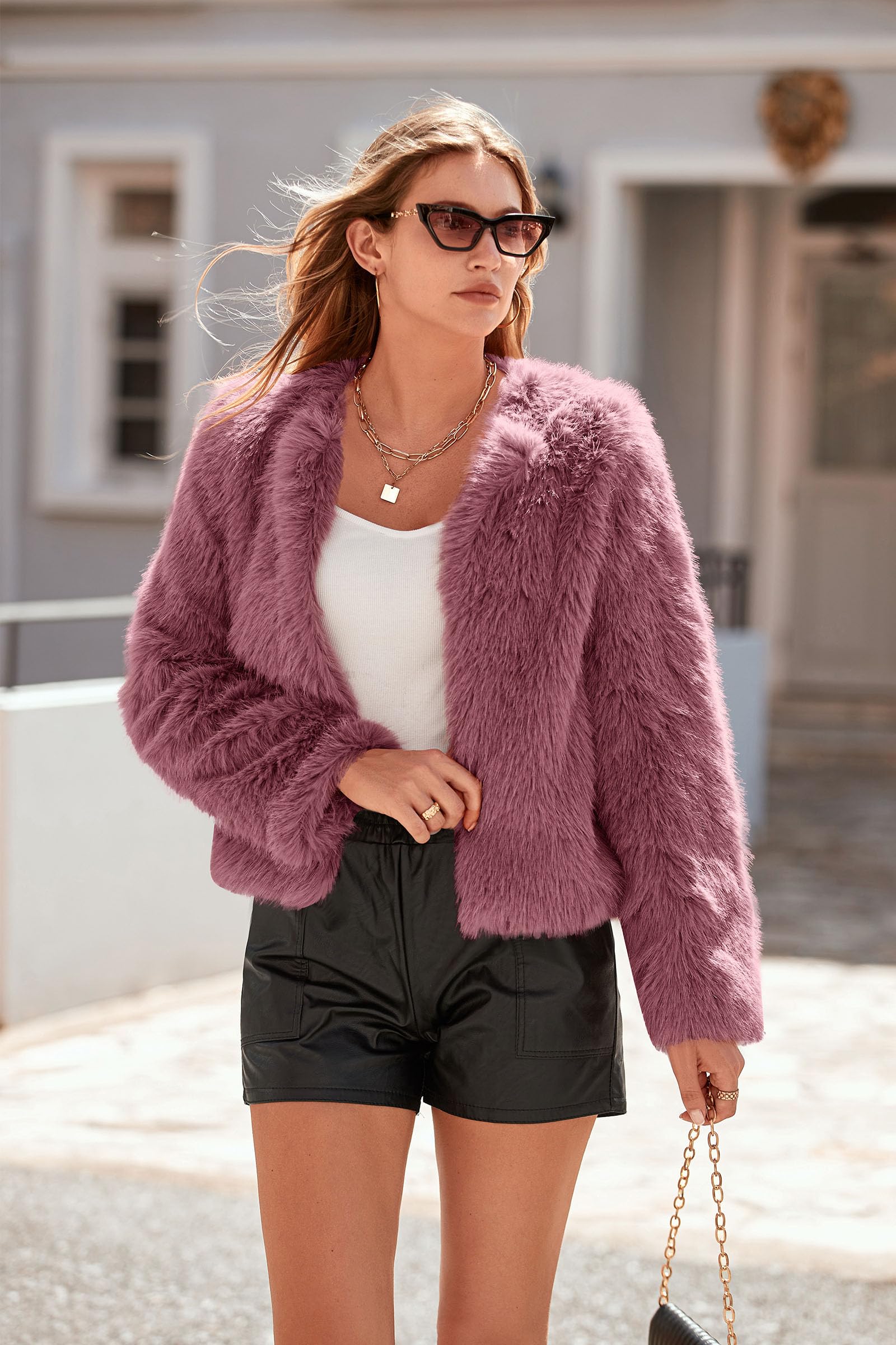 Women's Winter Cropped Faux Fur Coats(Bean Paste Red,Small)