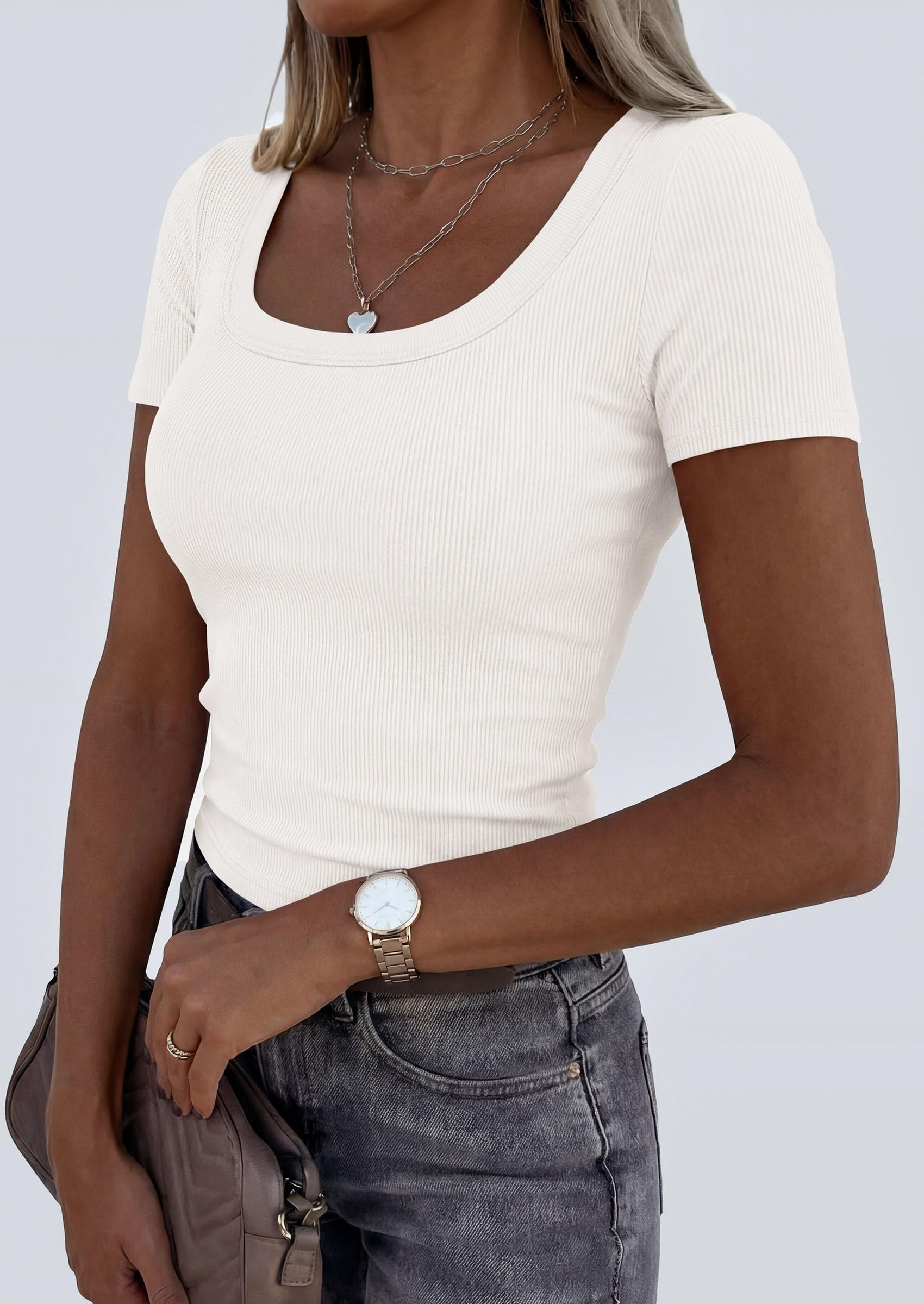 Womens Summer Short Sleeve Scoop Neck Tops,White,S