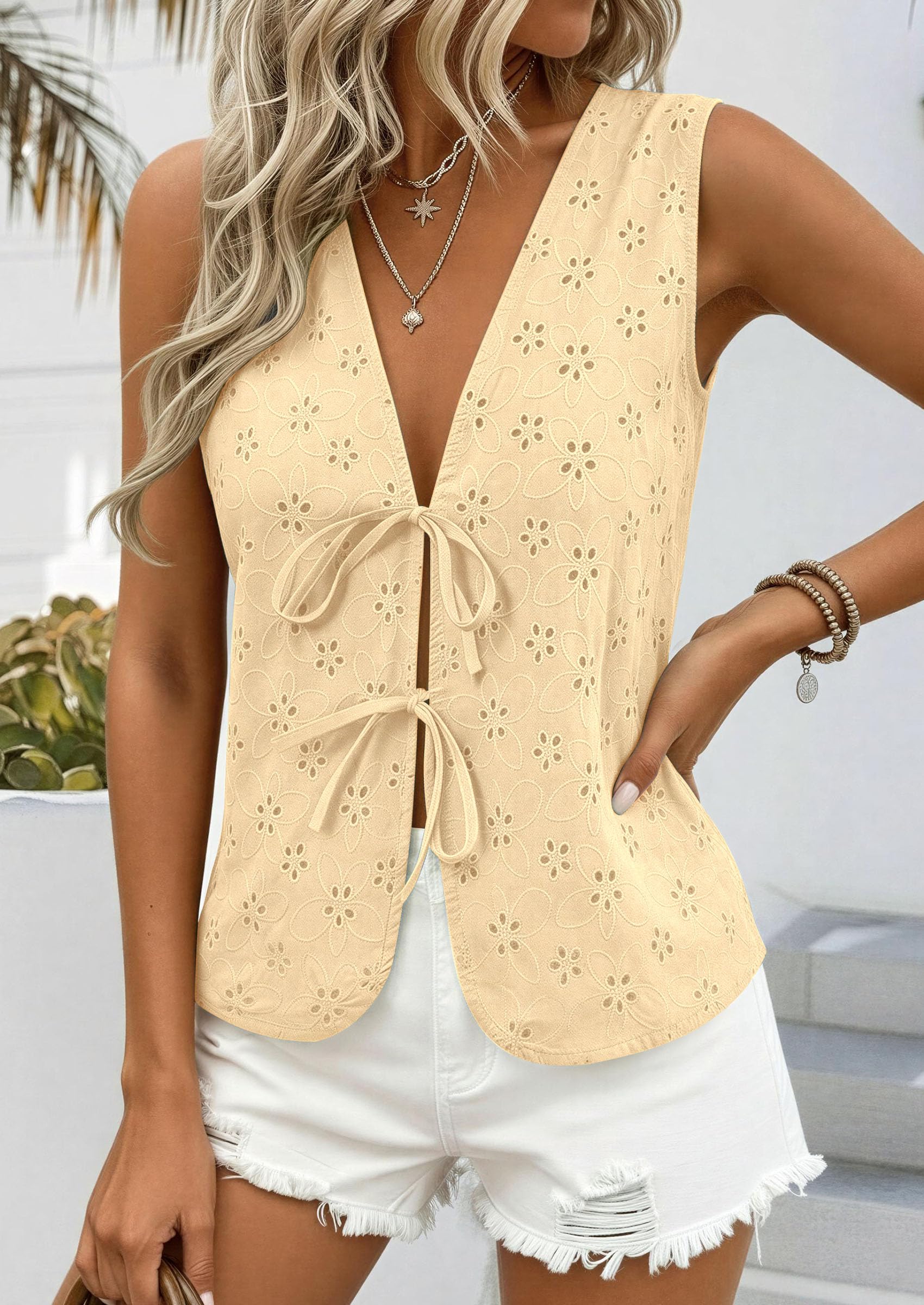 Women's Summer Eyelet Lace Tie Front Vest Tops Beige Yellow,S