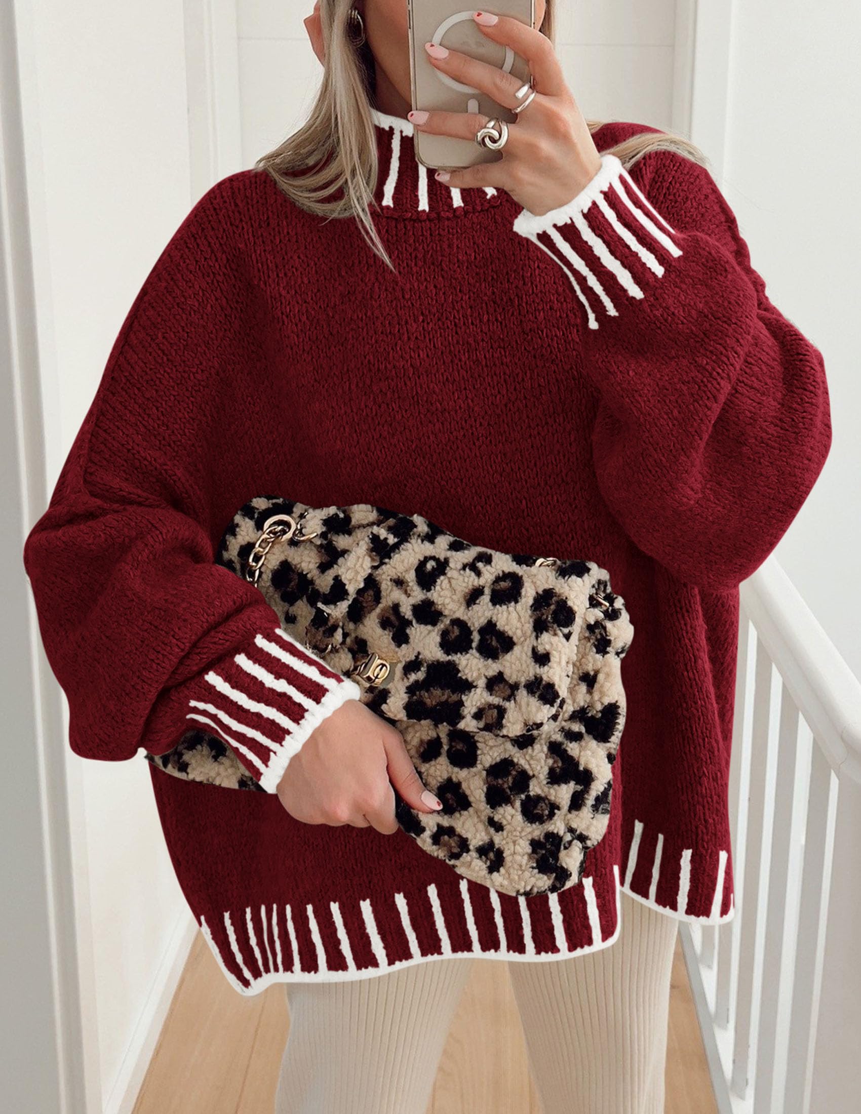 Women's Mock Neck Oversized Pullover Sweaters,Wine Red,XS