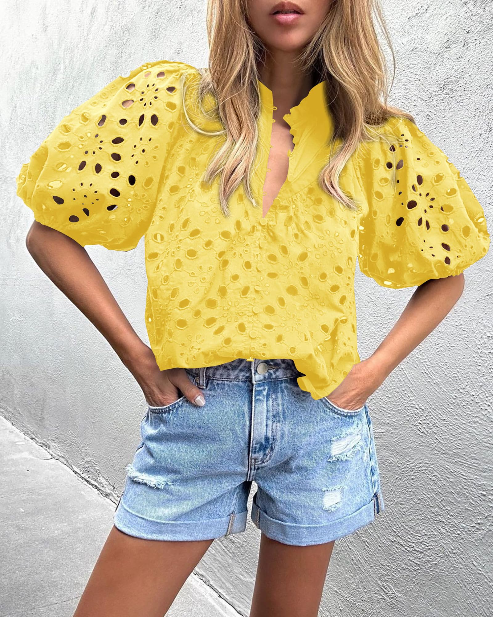 Womens Tops Boho Eyelet Puff Sleeve Blouse, Yellow,S
