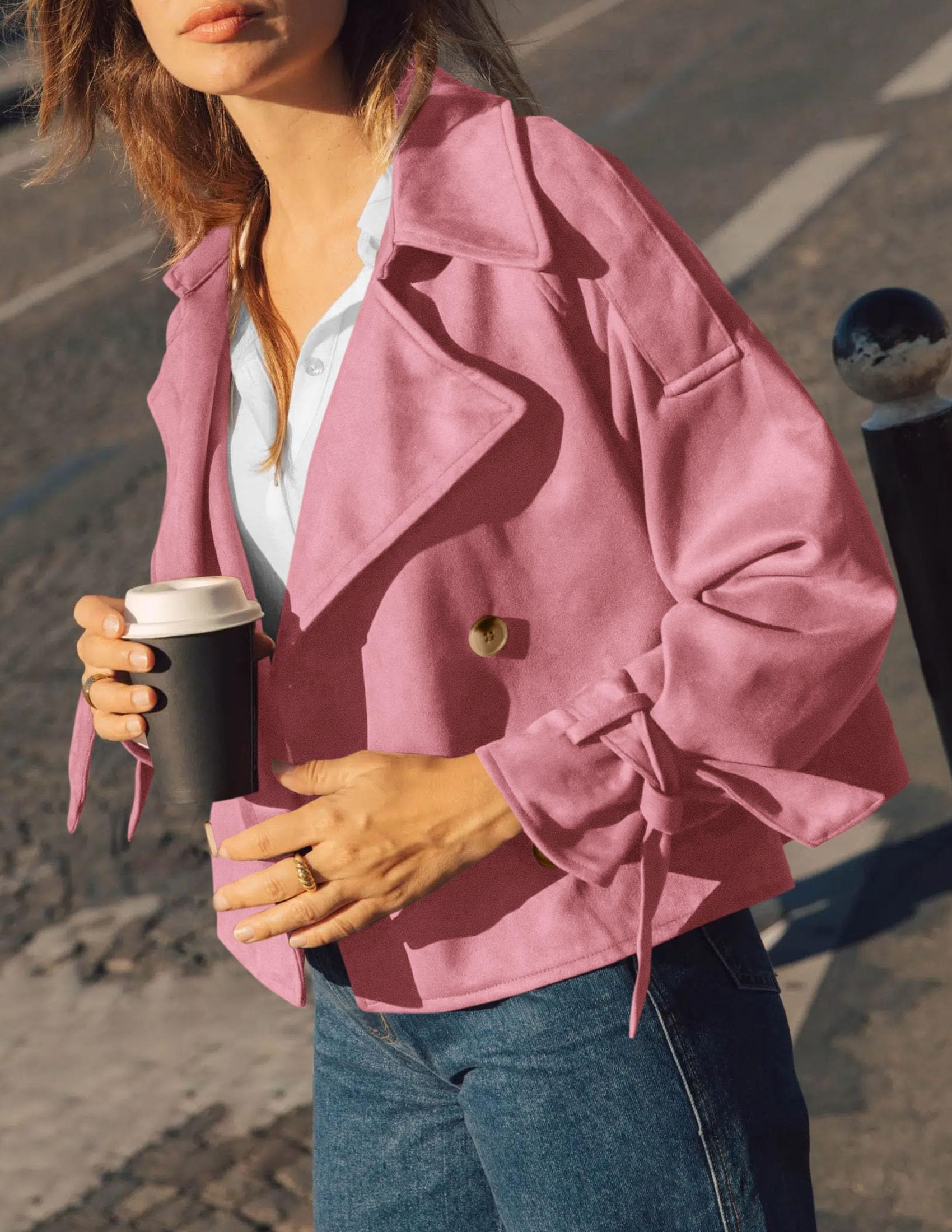 Women Faux Suede Double Breasted Trench Coat Cropped Jackets