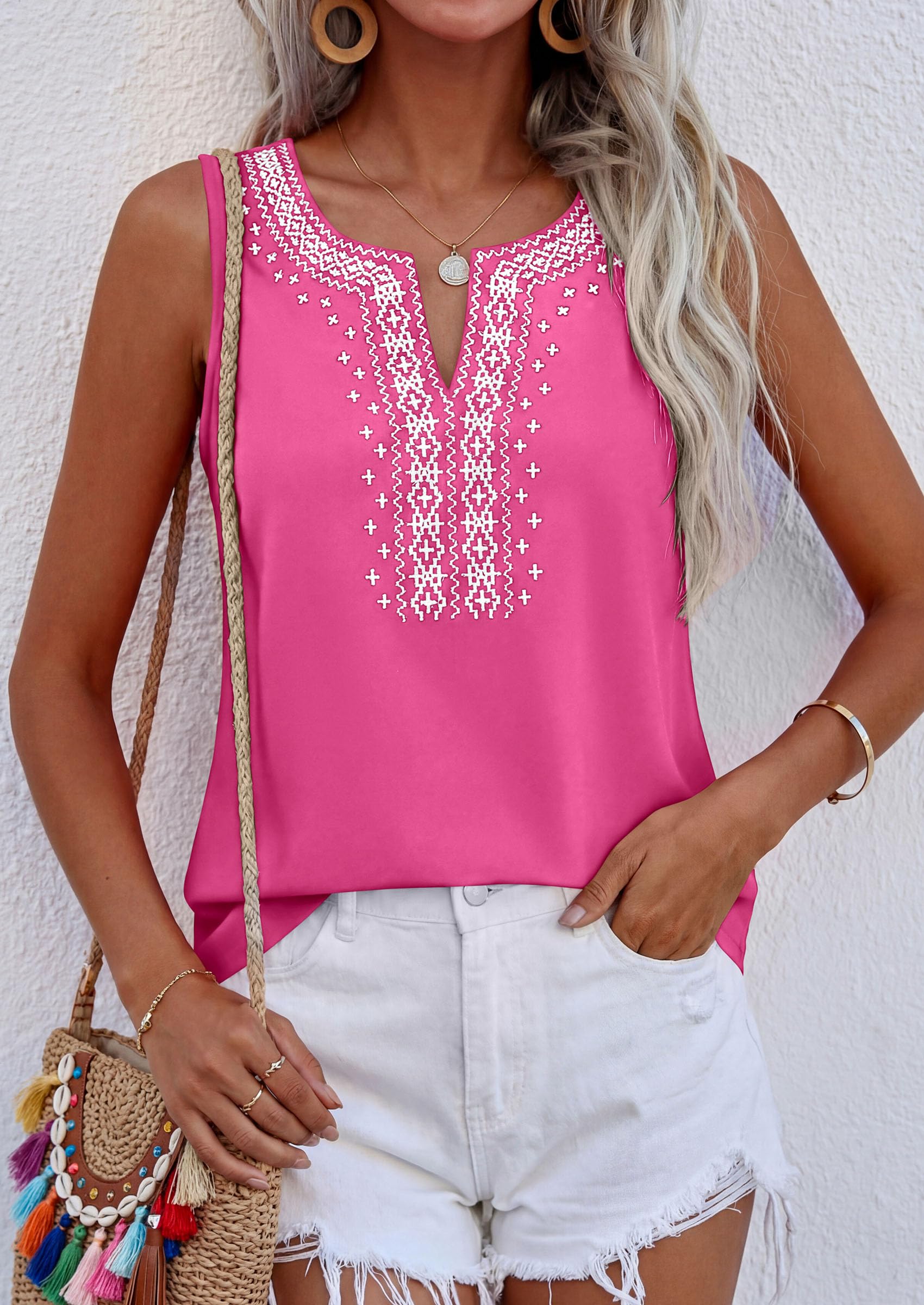 Womens Embroidered Sleeveless Tank Tops Rose Pink,S
