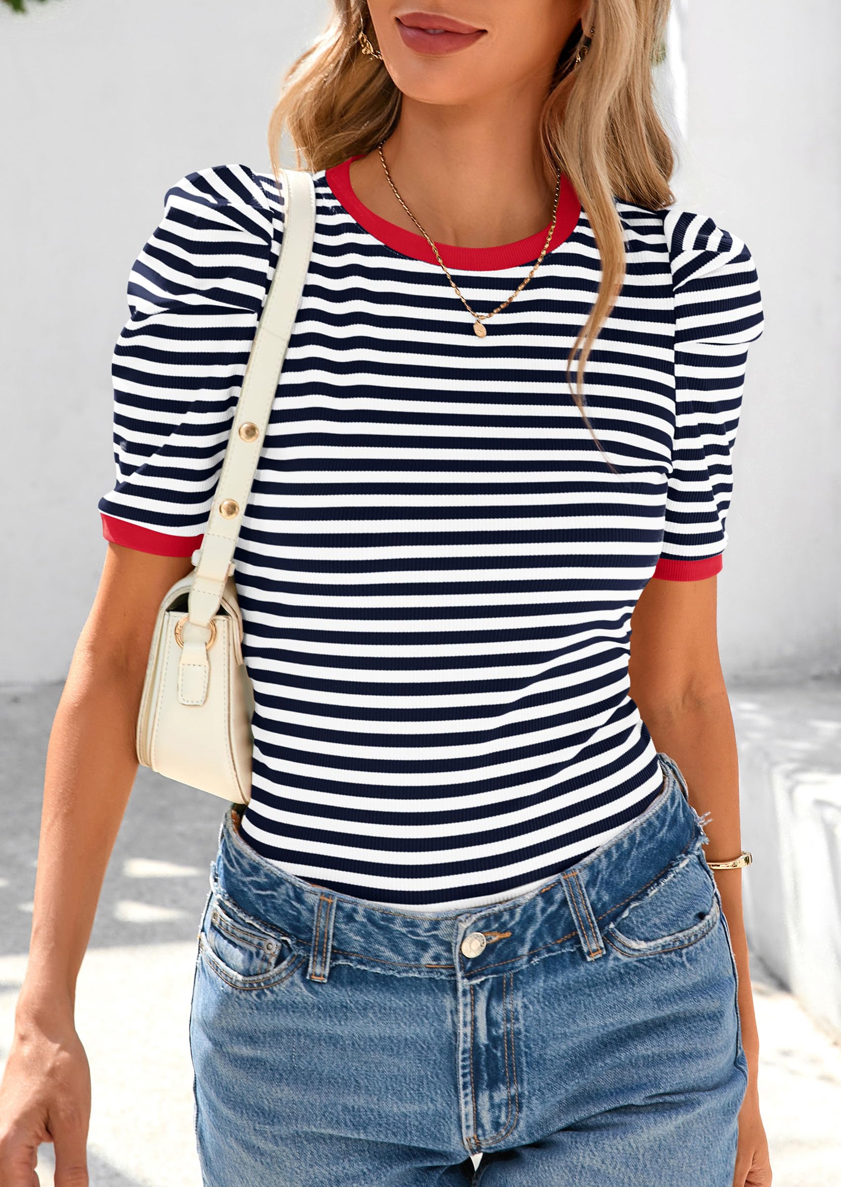 Ribbed Puff Short Sleeve Tops for Women Striped Shirt Navy,XS
