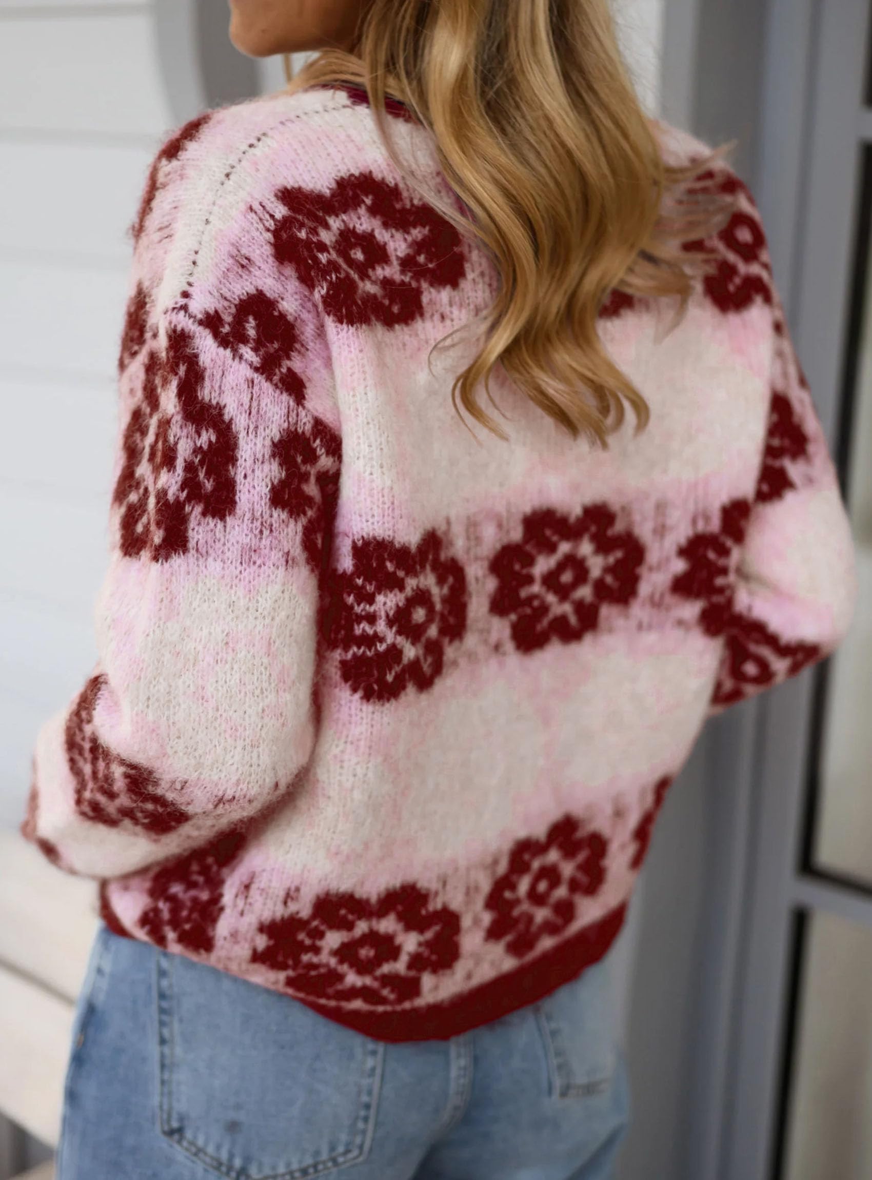 Women's Floral Crewneck Sweater Knit Pullover,Wine Red,L