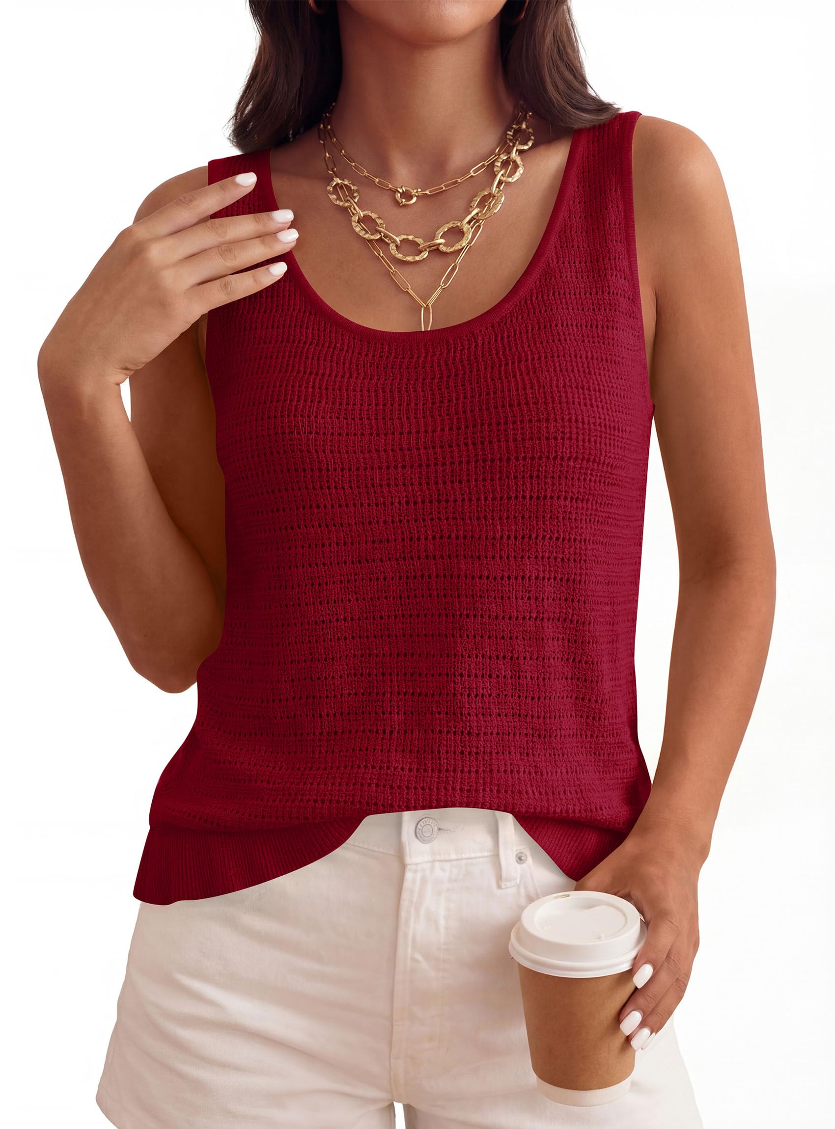 Women's Summer Crochet Knit Tank Tops,Burgundy,XL
