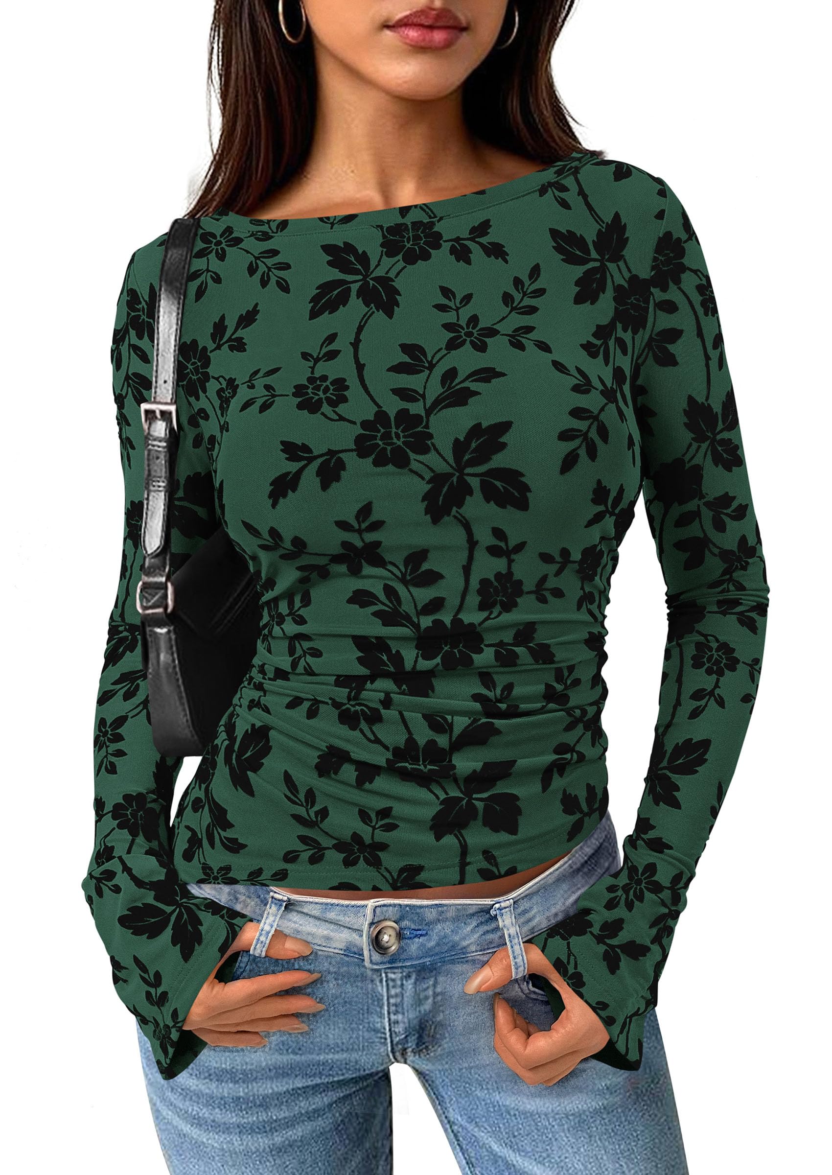 Women's Long Bell Sleeve Y2K Tops Boho Floral Mesh Blouses