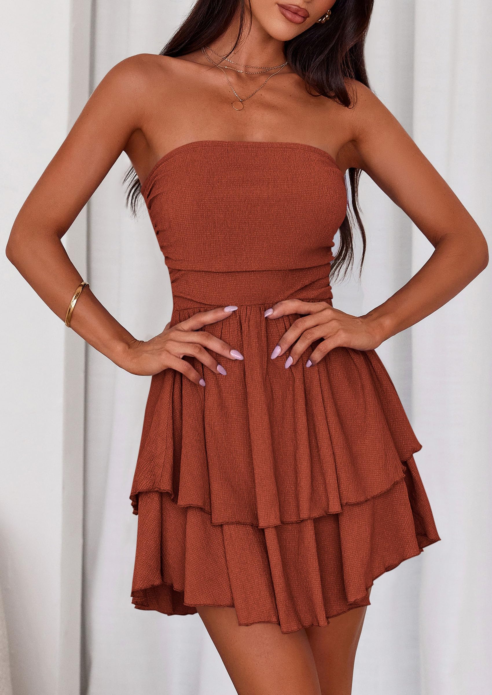 Women's Summer Strapless Flowy Mini Dresses (Brick Red,S)