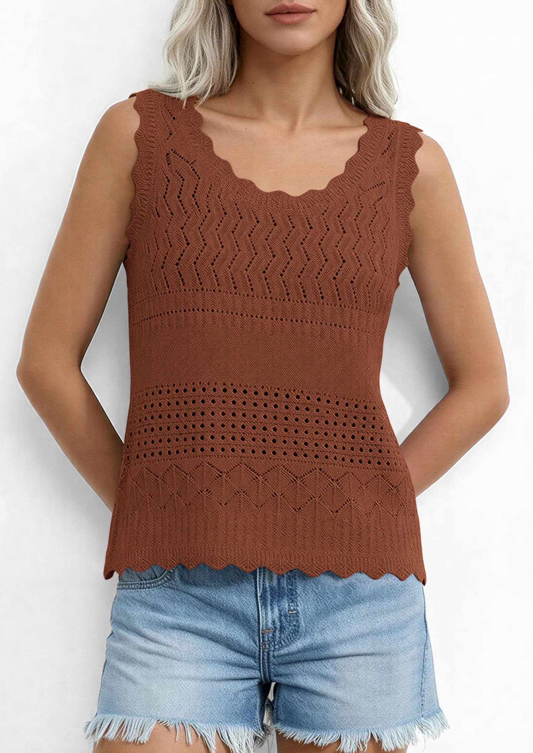 Womens Crochet Tank Tops Knit Sleeveless Vest,Camel,S