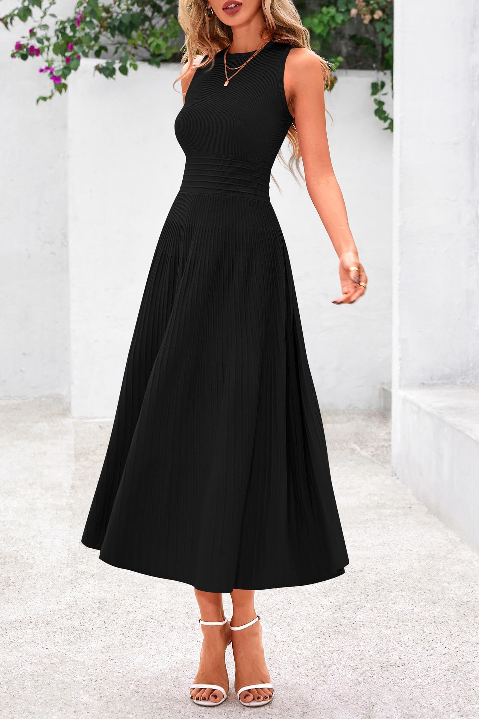 Women's Summer Pleated Midi Work Dress,Black,S