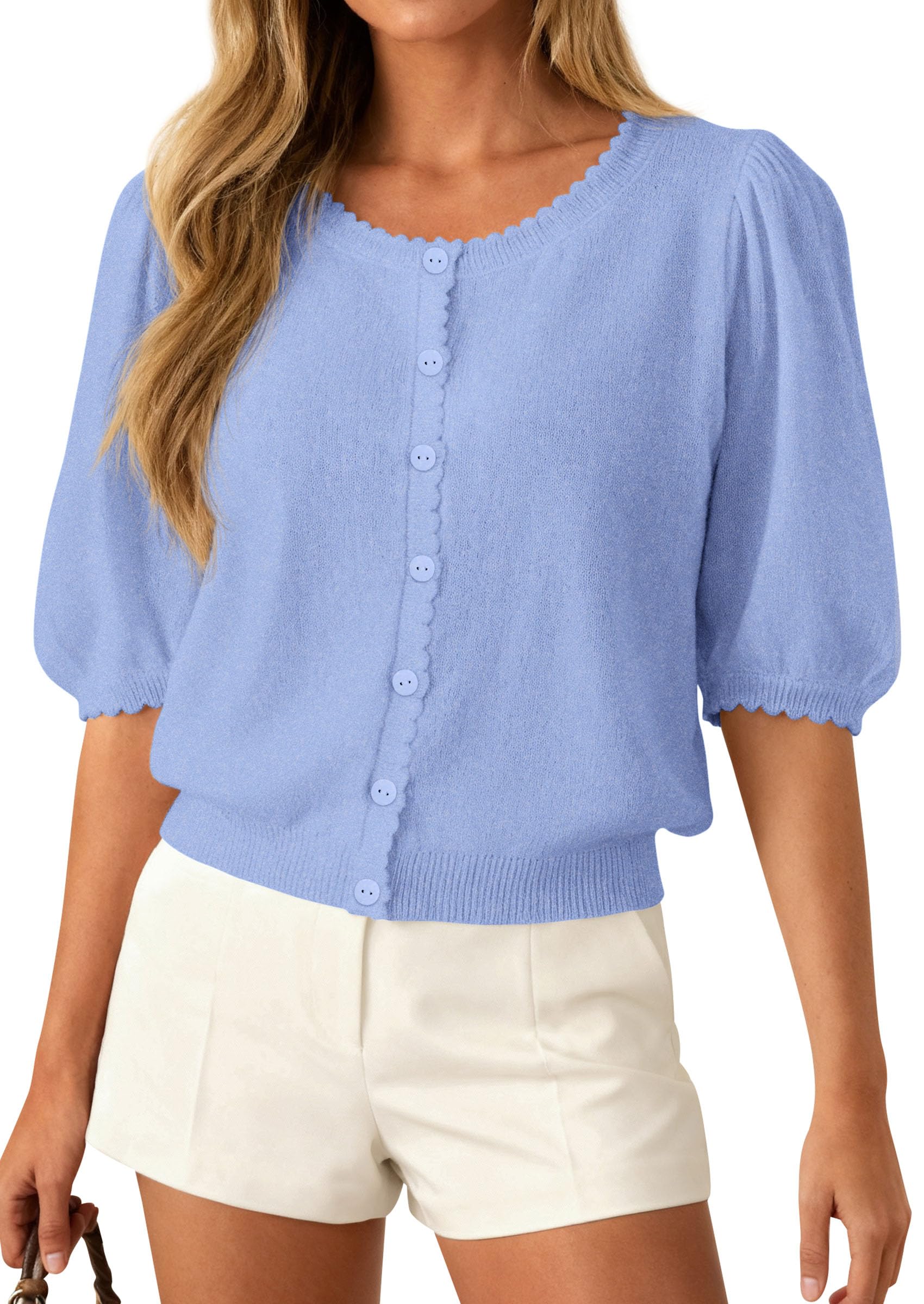 Women Short Sleeve Lightweight Knit Cardigans, Light Blue,S
