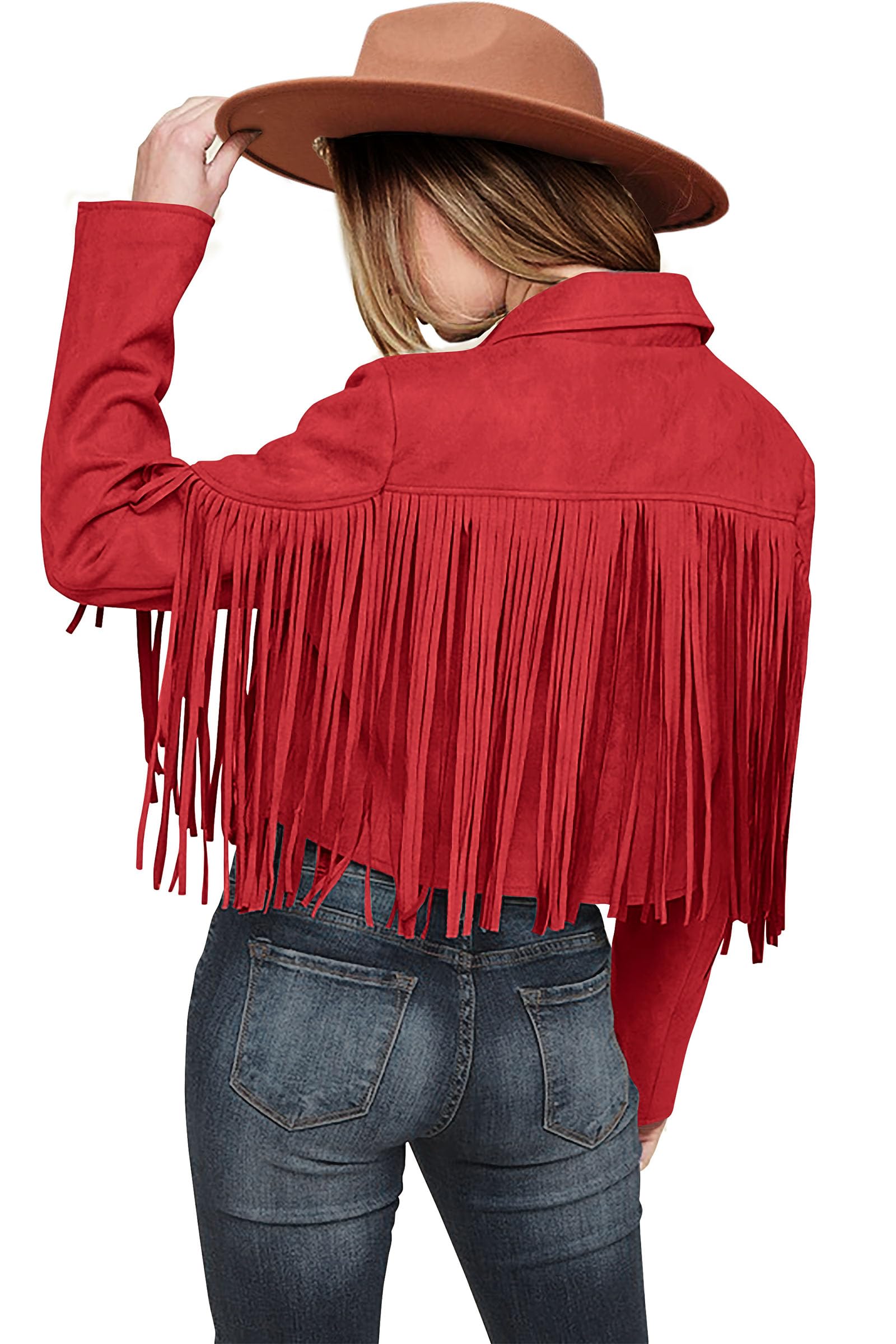 Women's Fringe Faux Suede Leather Jackets,Red,M