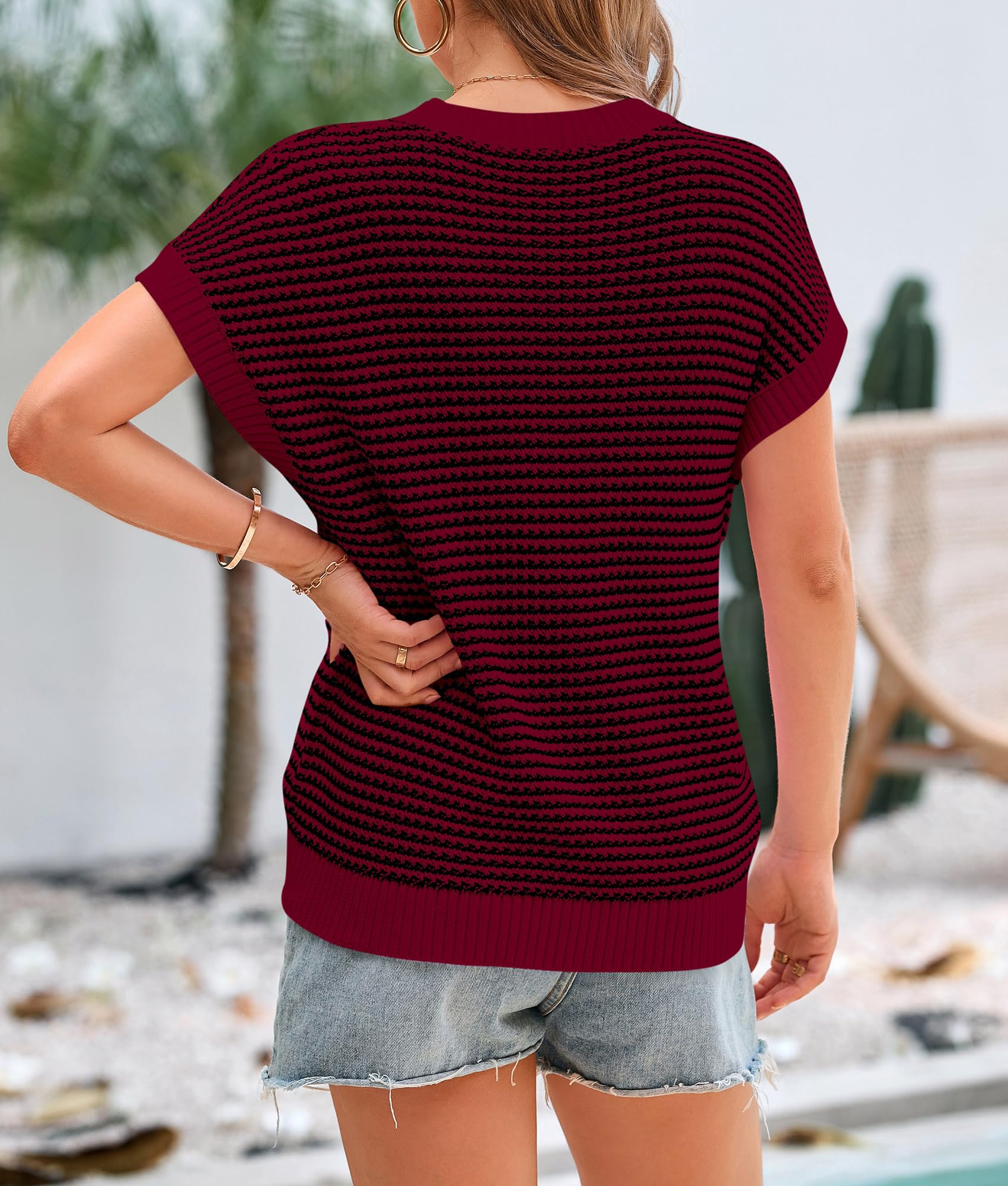 Women's Striped Short Sleeve Sweater Vest Wine Red,S