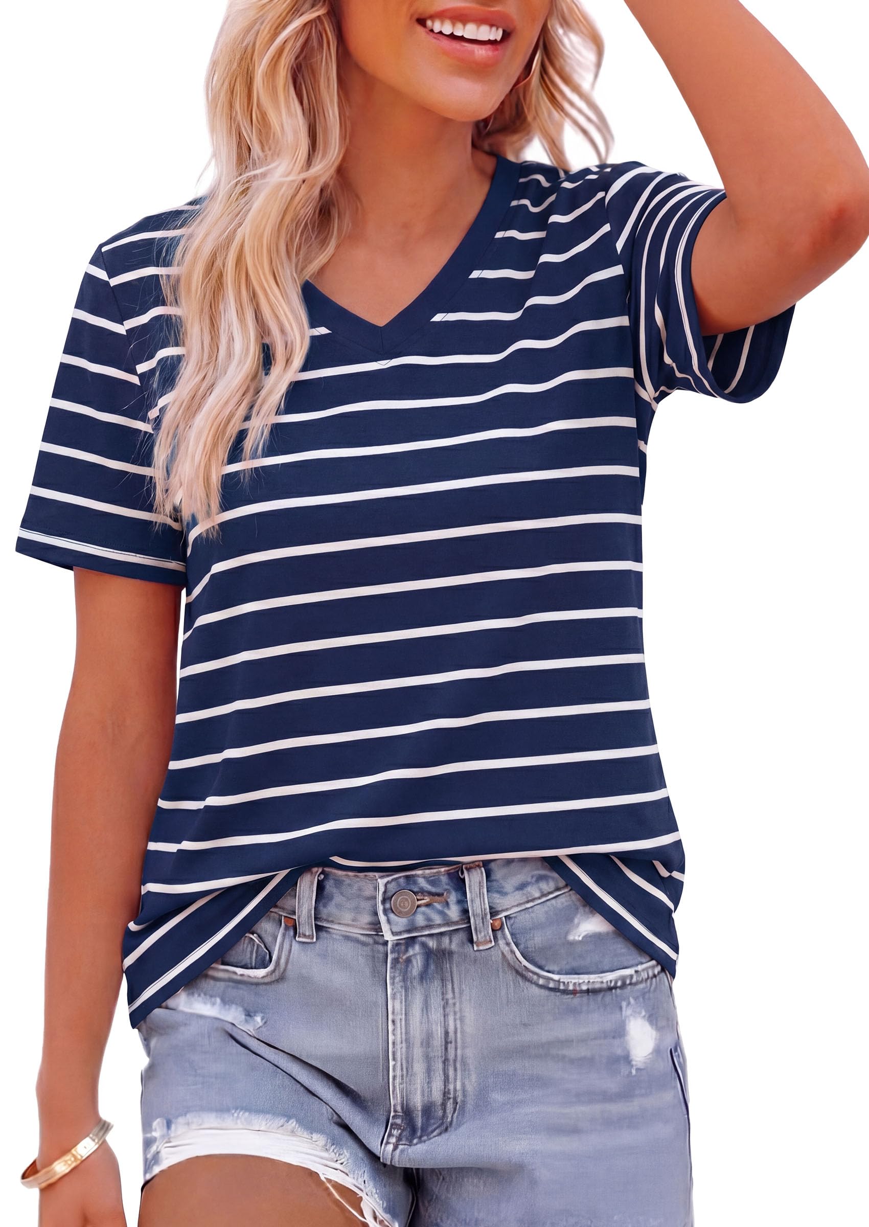 Striped Short Sleeve Womens Tops,Striped Grey Blue White,S