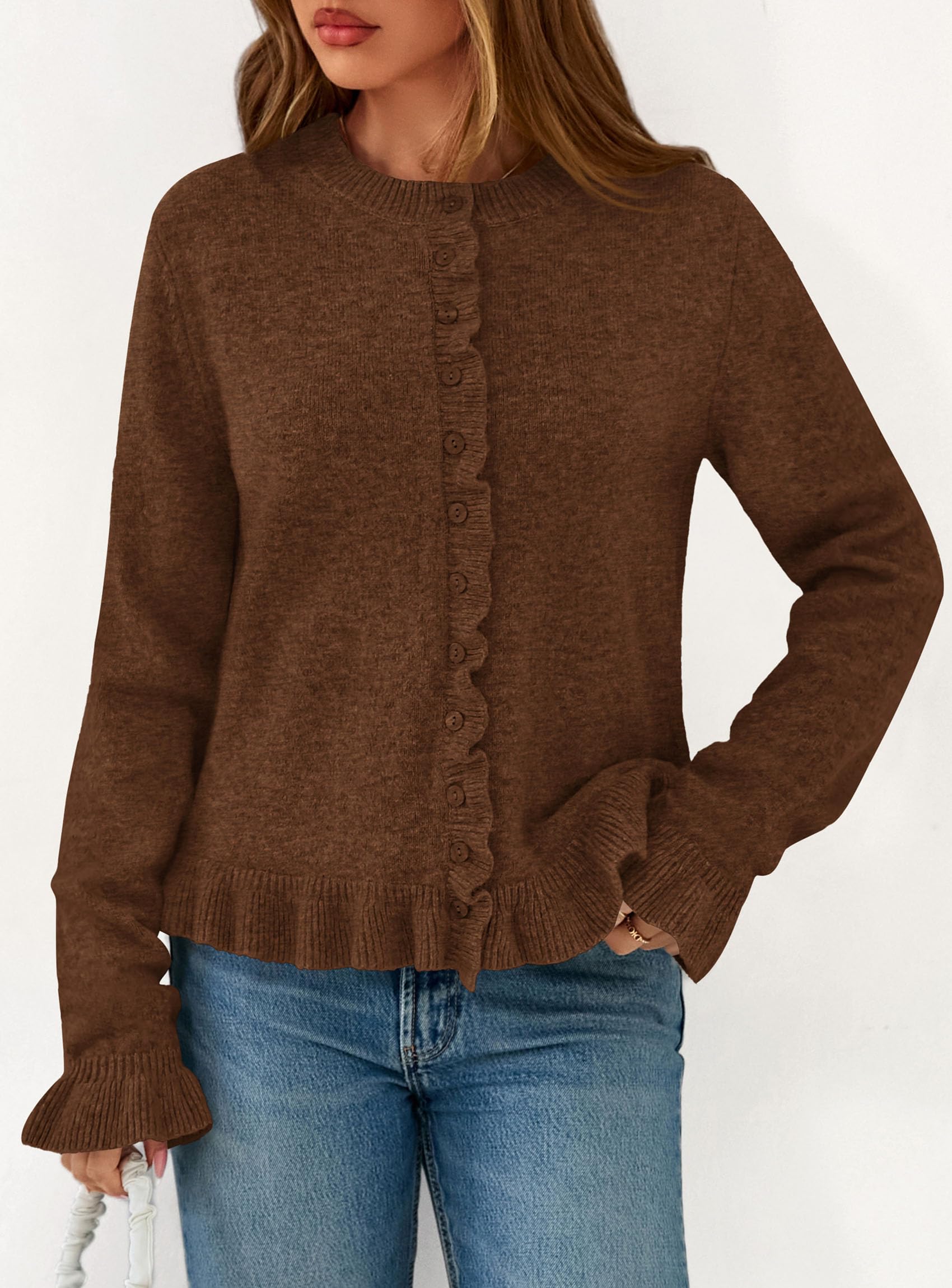 Womens Ruffle Button Down Cardigan Sweaters,Brown,S