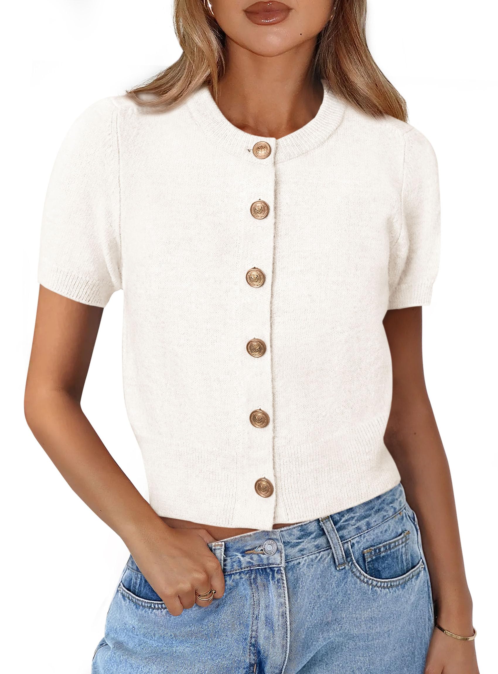 Womens Summer Cardigan Short Sleeve Sweater,White,S