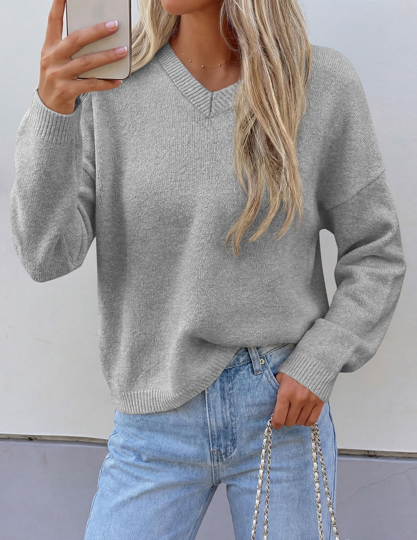 Women's Cozy Sweaters Fall Fashion V Neck Tops Light Grey,M
