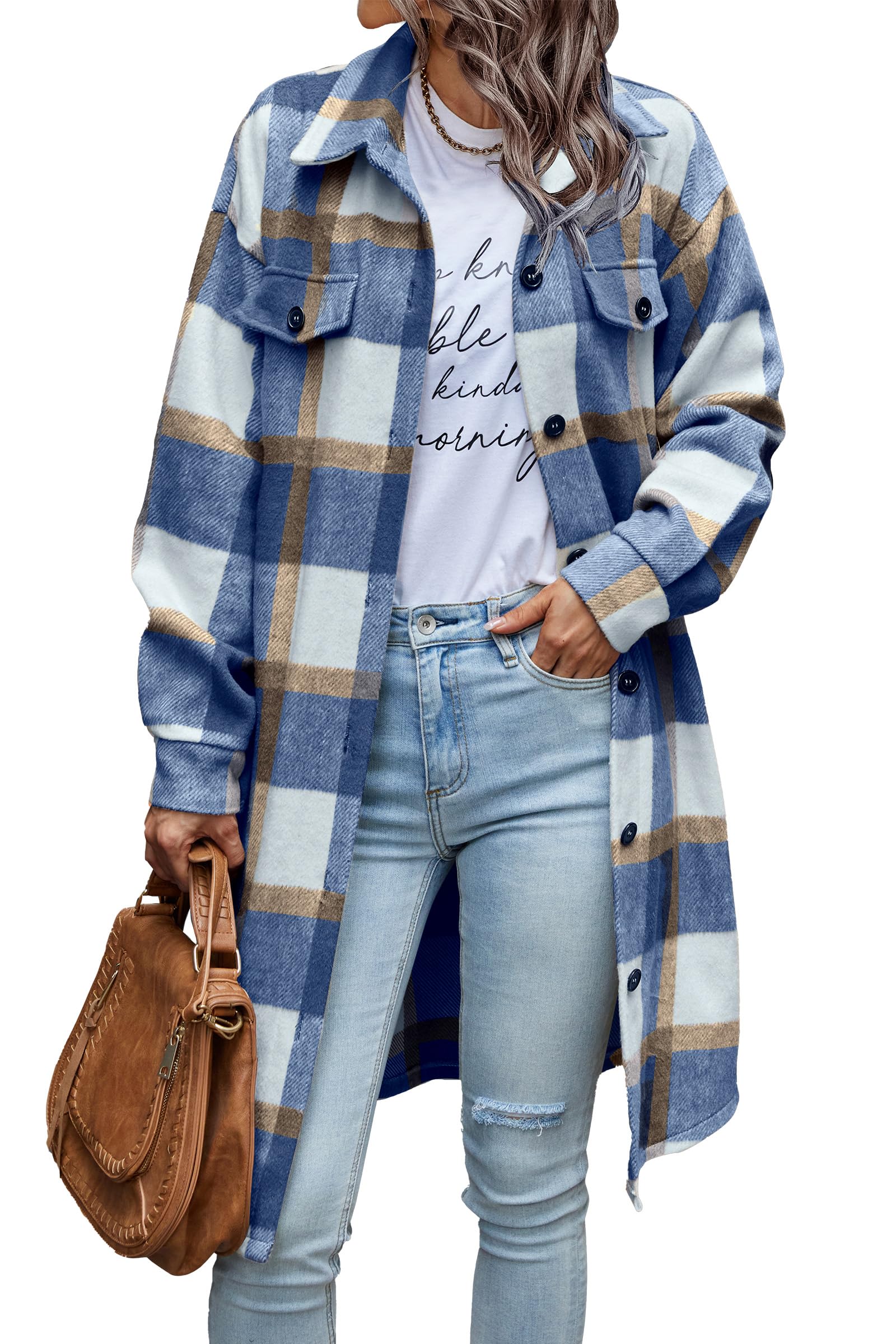 Womens Plaid Shacket Jacket Flannel Shirts,Plaid Blue White,S