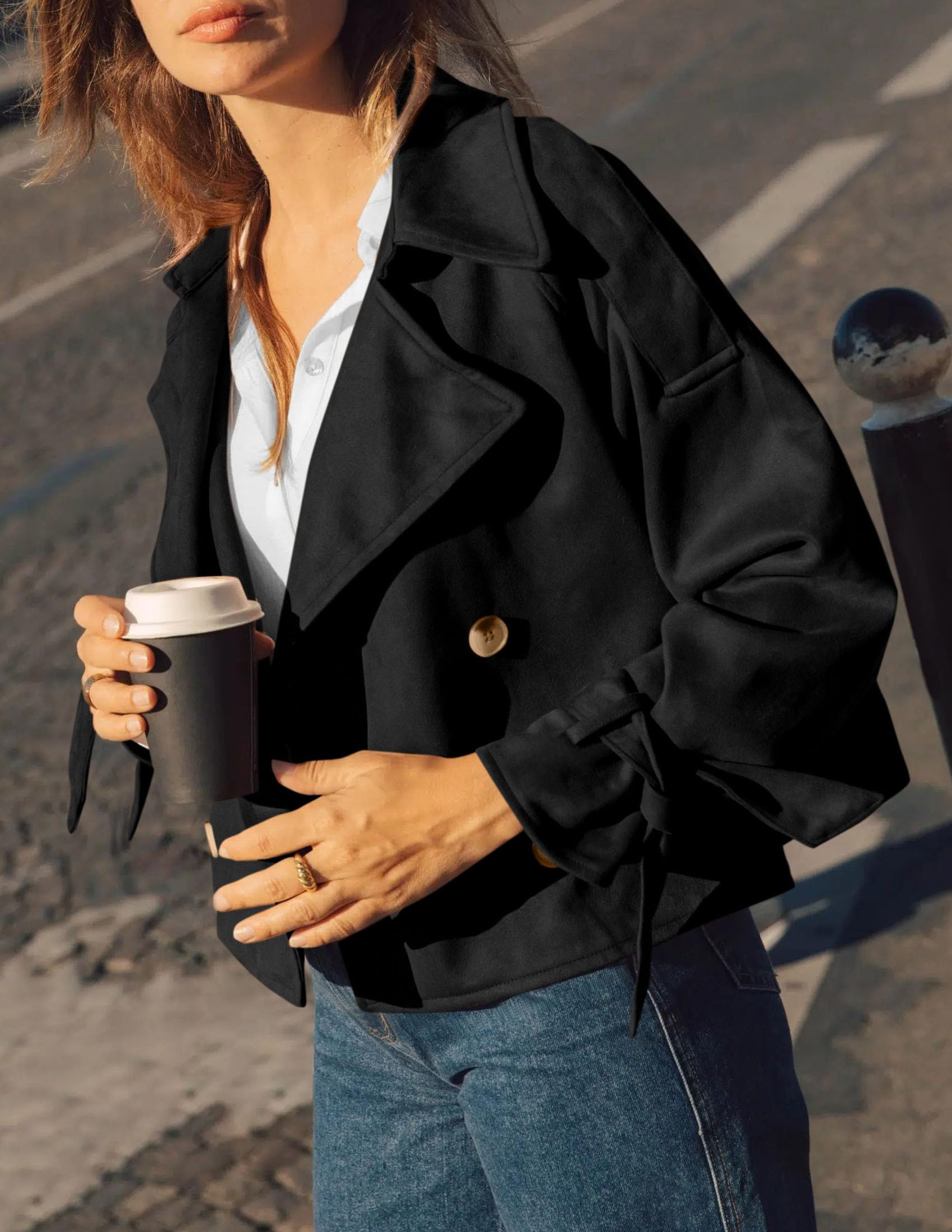 Women Faux Suede Double Breasted Trench Coat Cropped Jackets