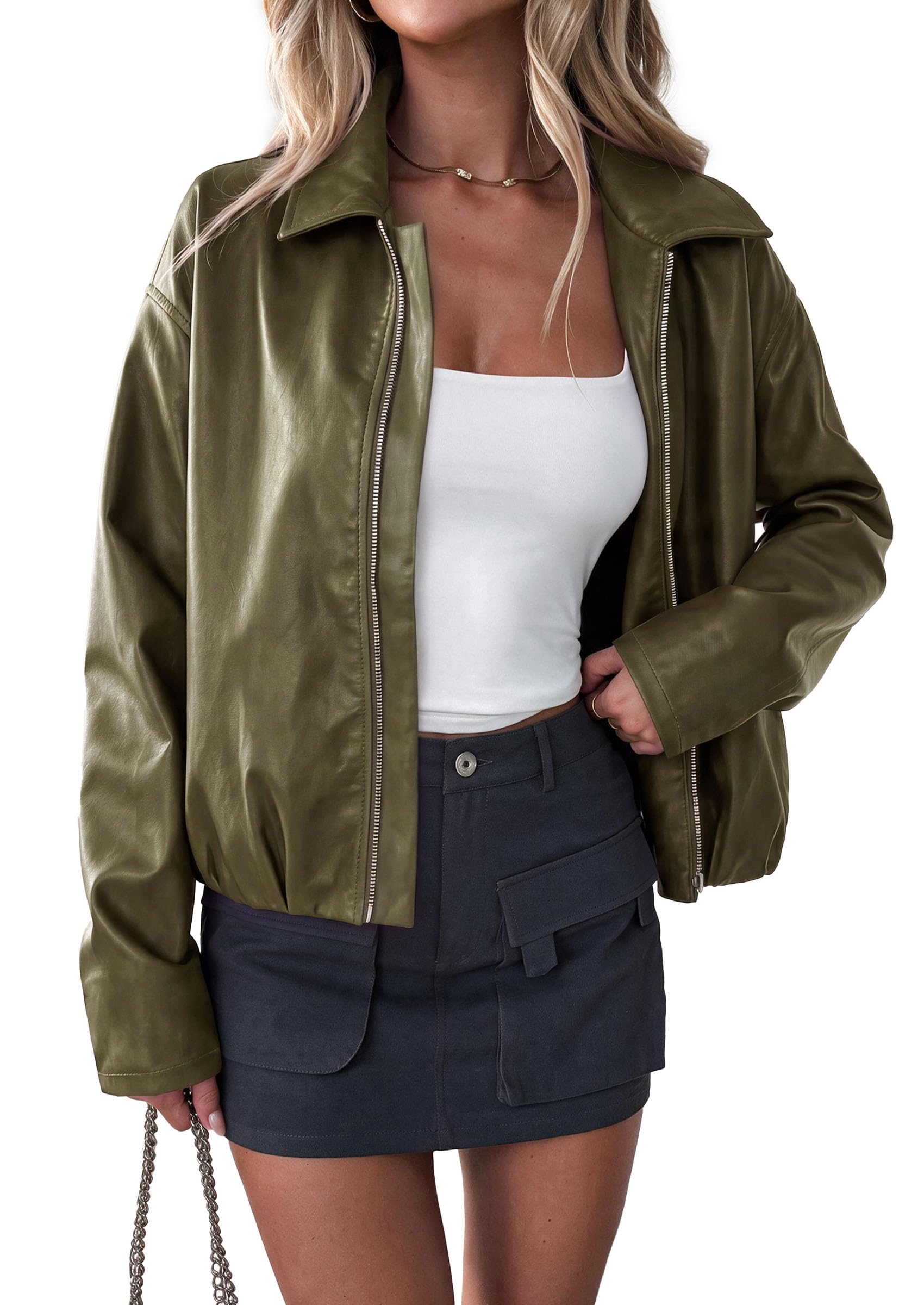 Womens Faux Leather Motorcycle Jackets Fall Cropped Coats
