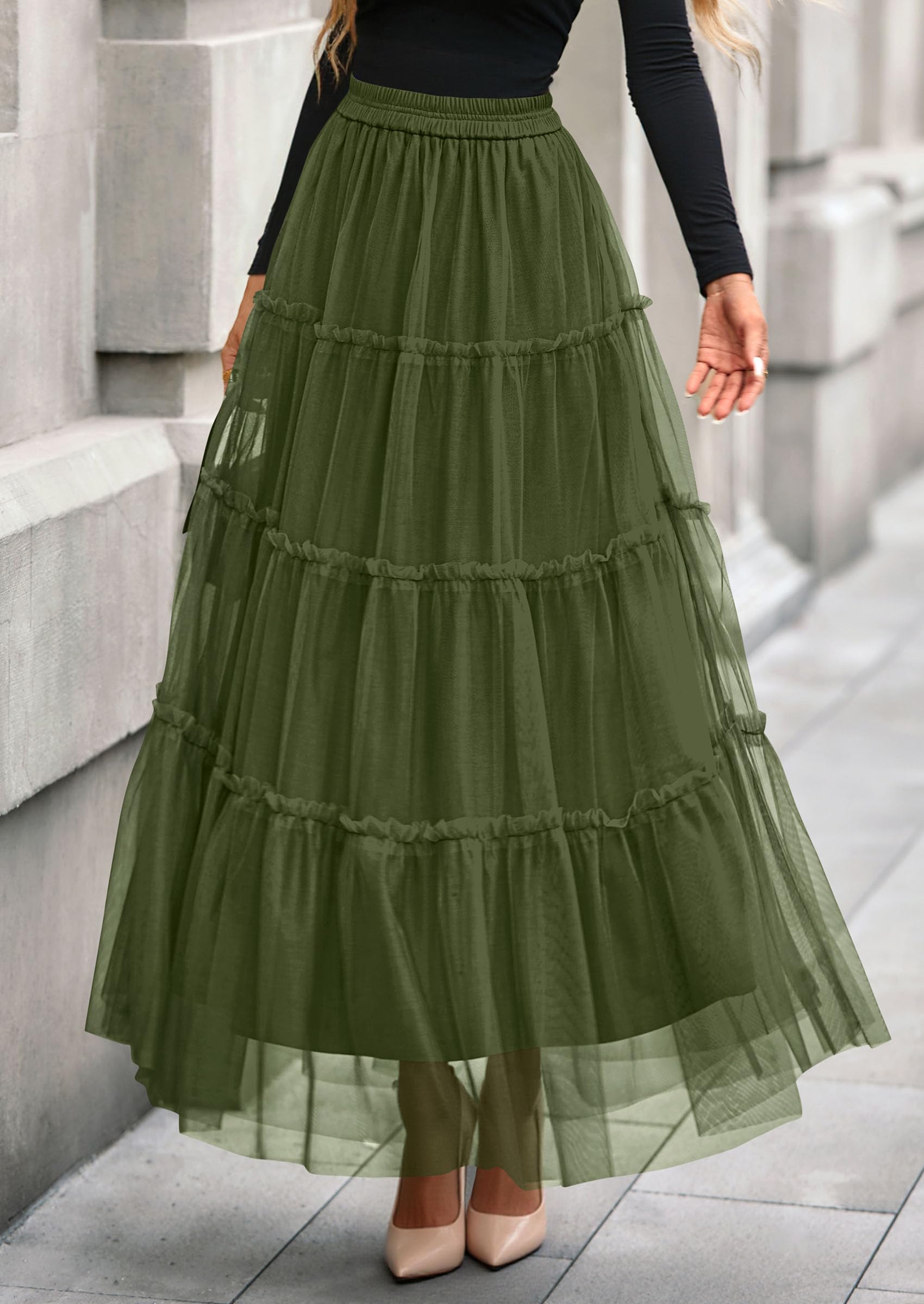 Women's Fall Soft Tulle Tiered Long Skirt,Army Green,S