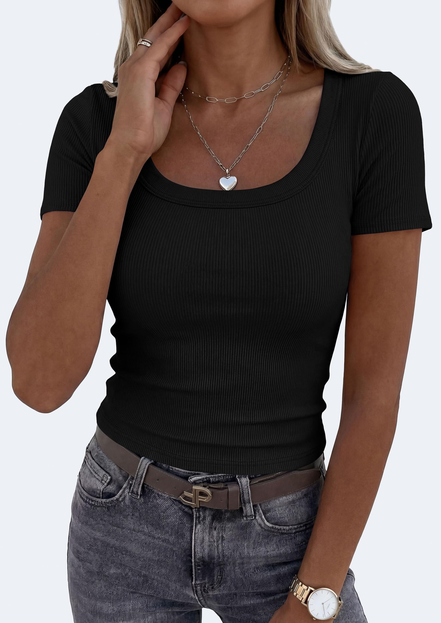 Womens Summer Short Sleeve Scoop Neck Tops,Black,S