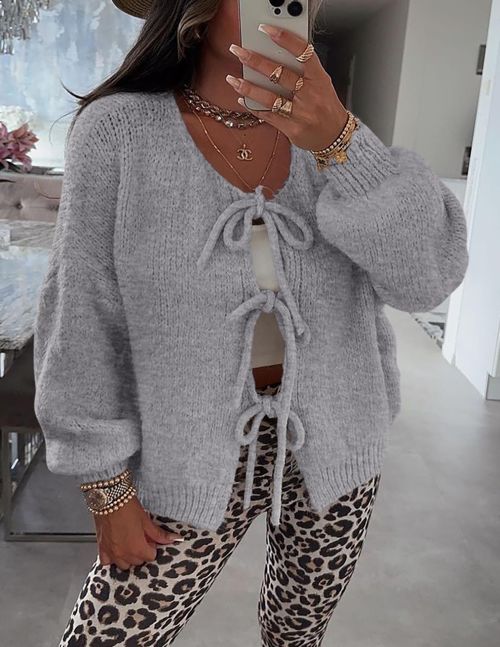 Women's Tie Front Bow Cardigan Sweaters(Grey,Small)