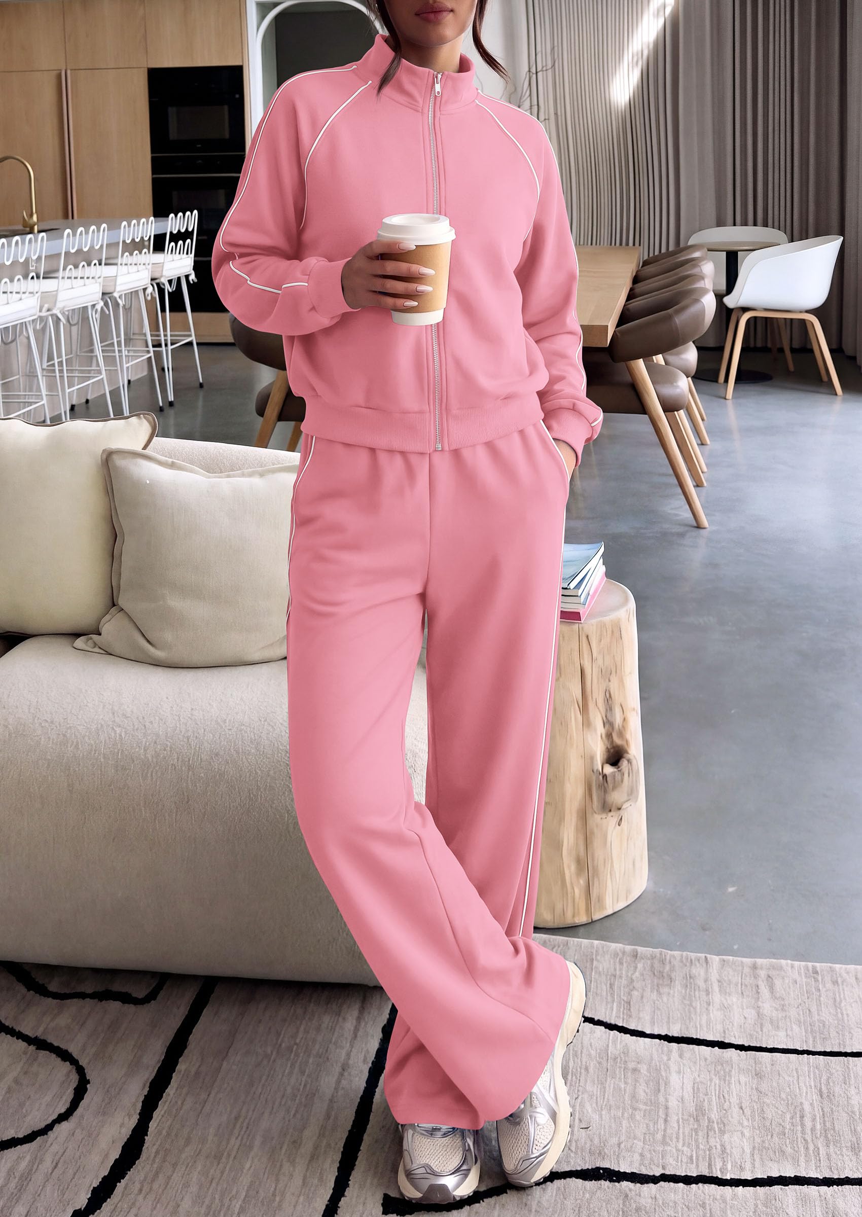 Women's 2 Piece Sweat Set Casual Fall Outfits,Pink,XXL