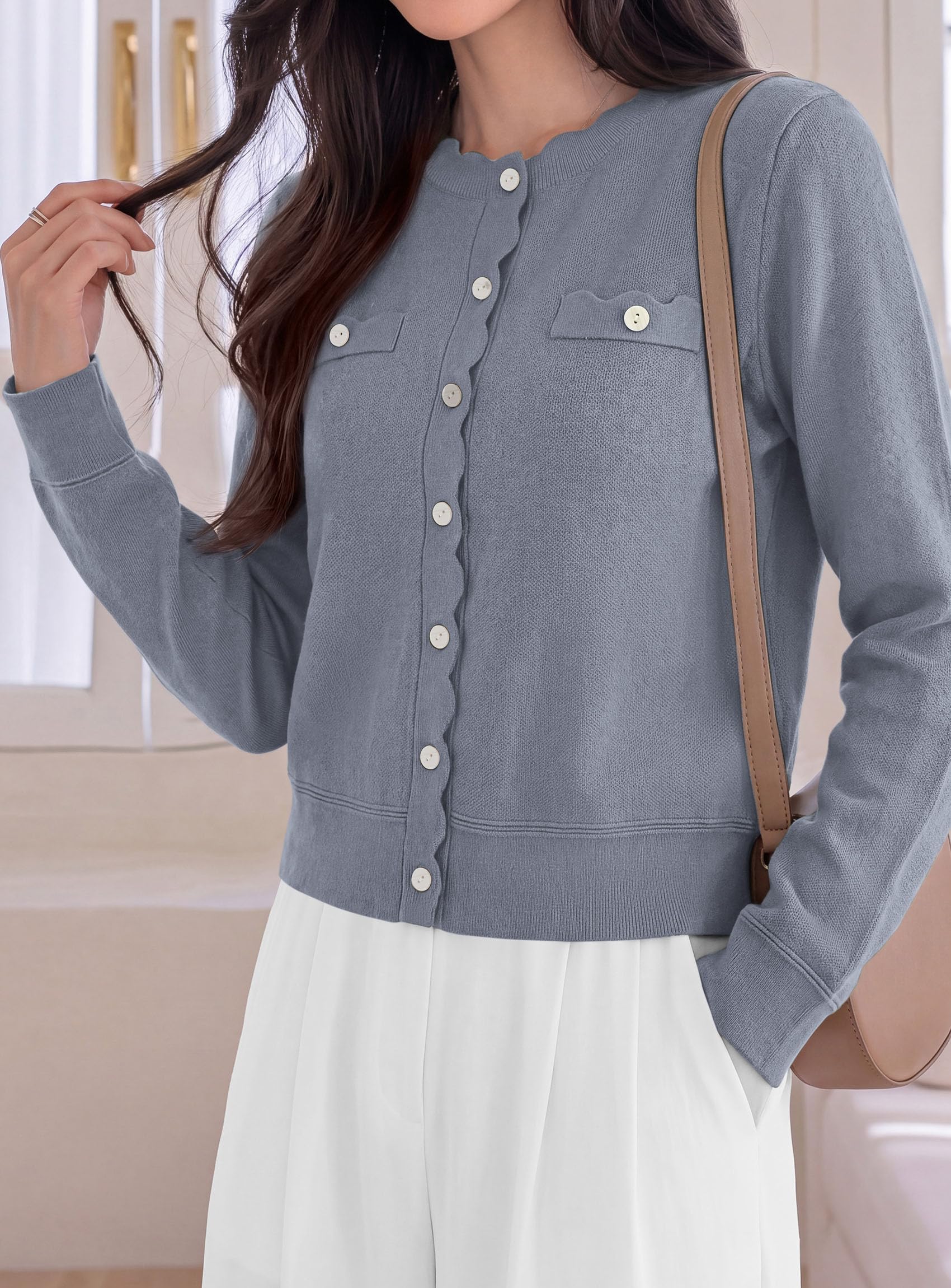Womens Lightweight Cardigan Sweaters Scalloped Trim Fall Tops