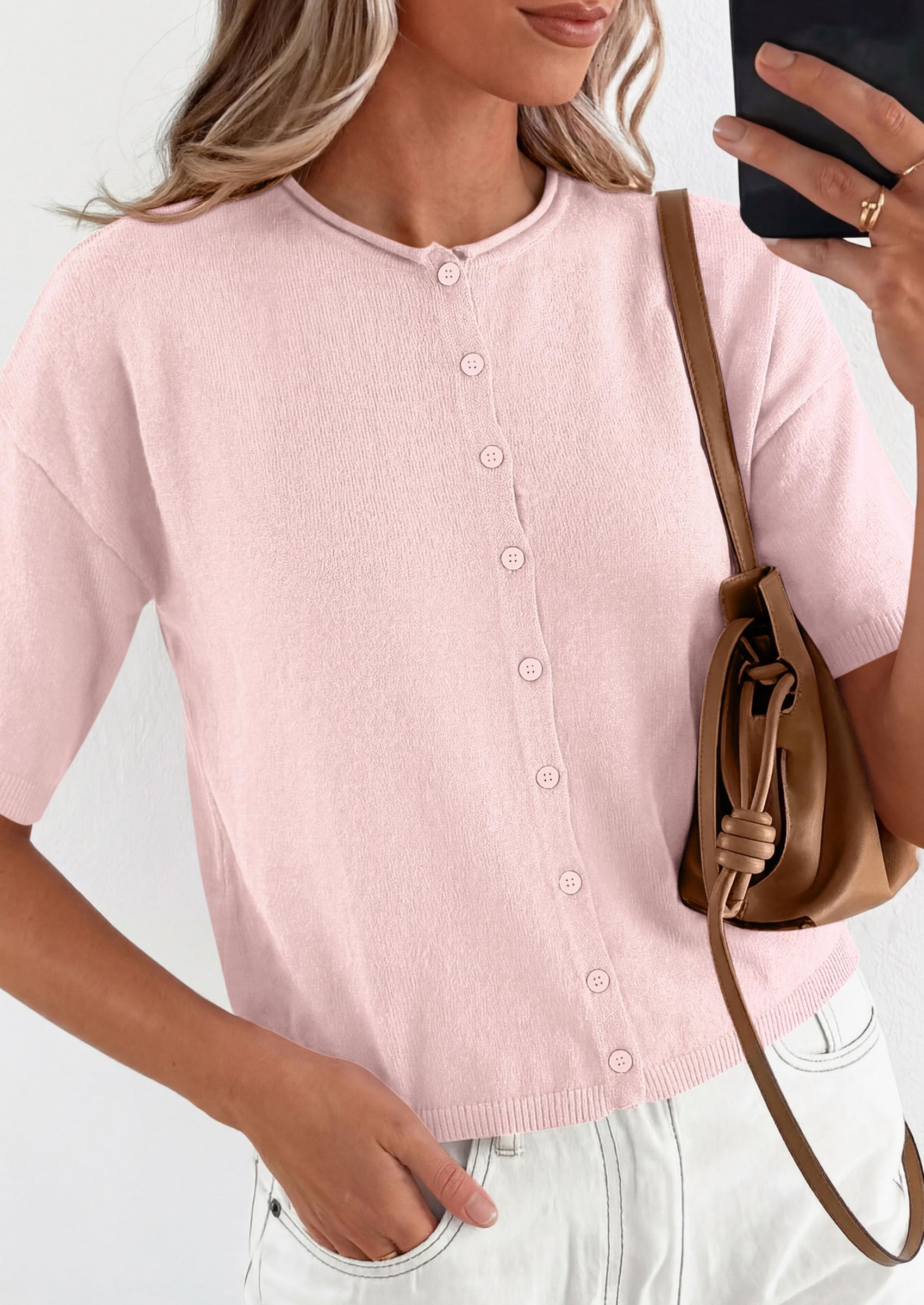 Women's Short Sleeve Cardigan Sweaters (Pink,Small)