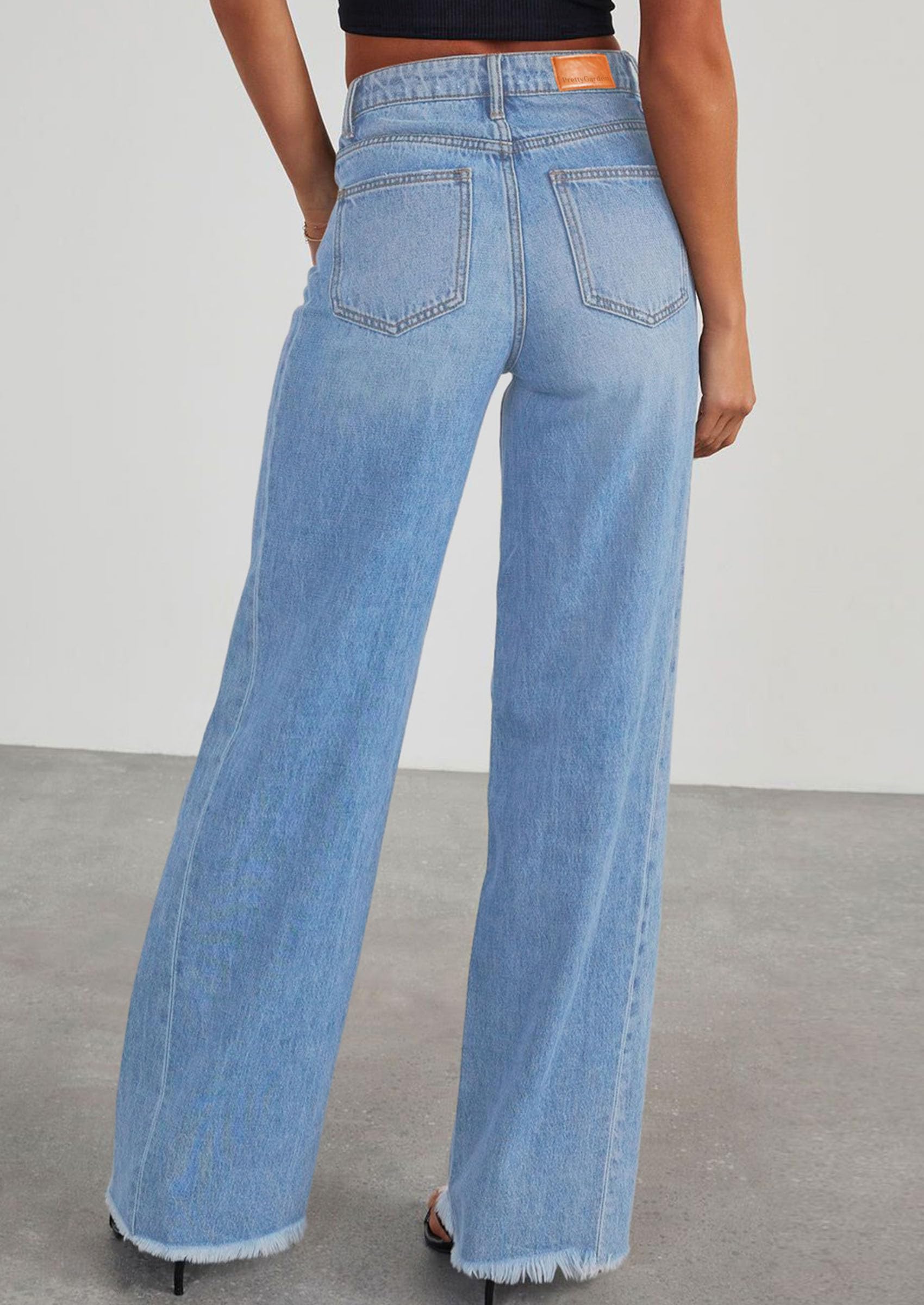 Women's Wide Leg Jeans Raw Hem Denim Pants,Sky Blue,4