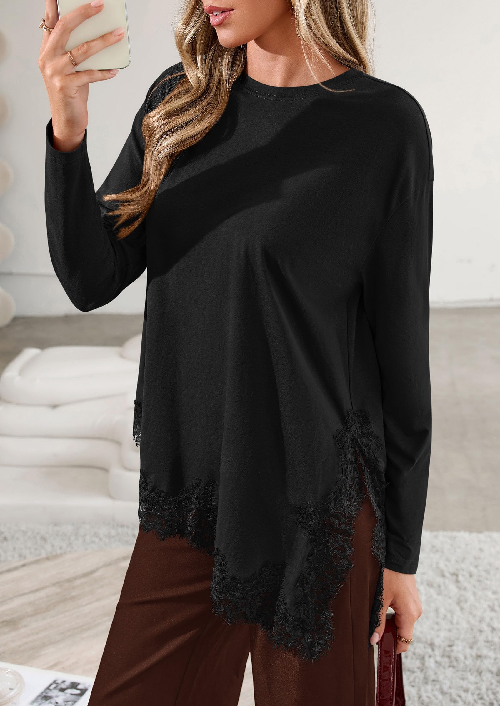 Women's Long Sleeve Asymmetrical Lace Tops Oversized Tshirts