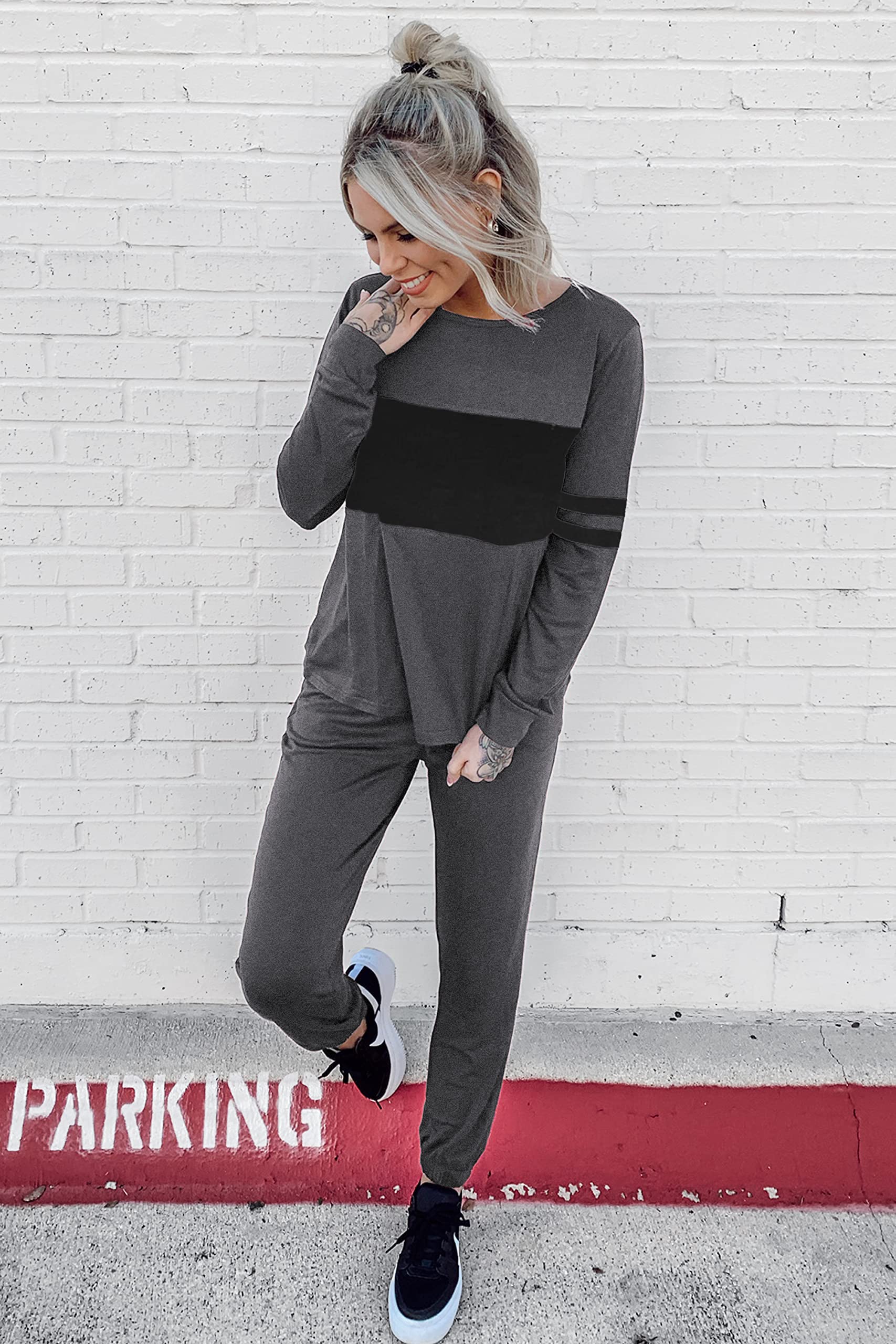 Women Color Block 2 Piece Sets Tracksuit,Dark Grey,S