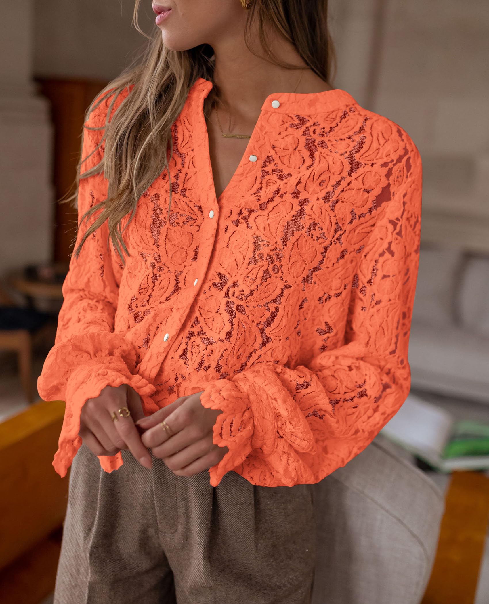 Women's Fall Trendy Long Sleeve Lace Tops(Orange,Small)