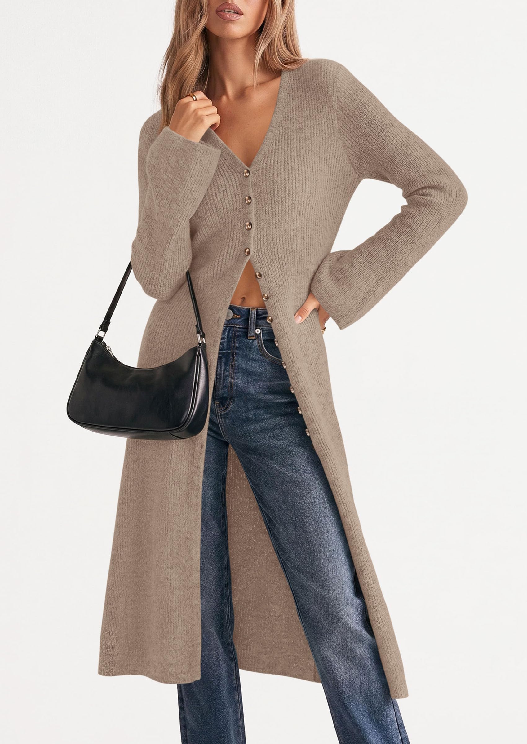 Women Long Cardigan Bell Sleeve Sweater Dress (Khaki,M)