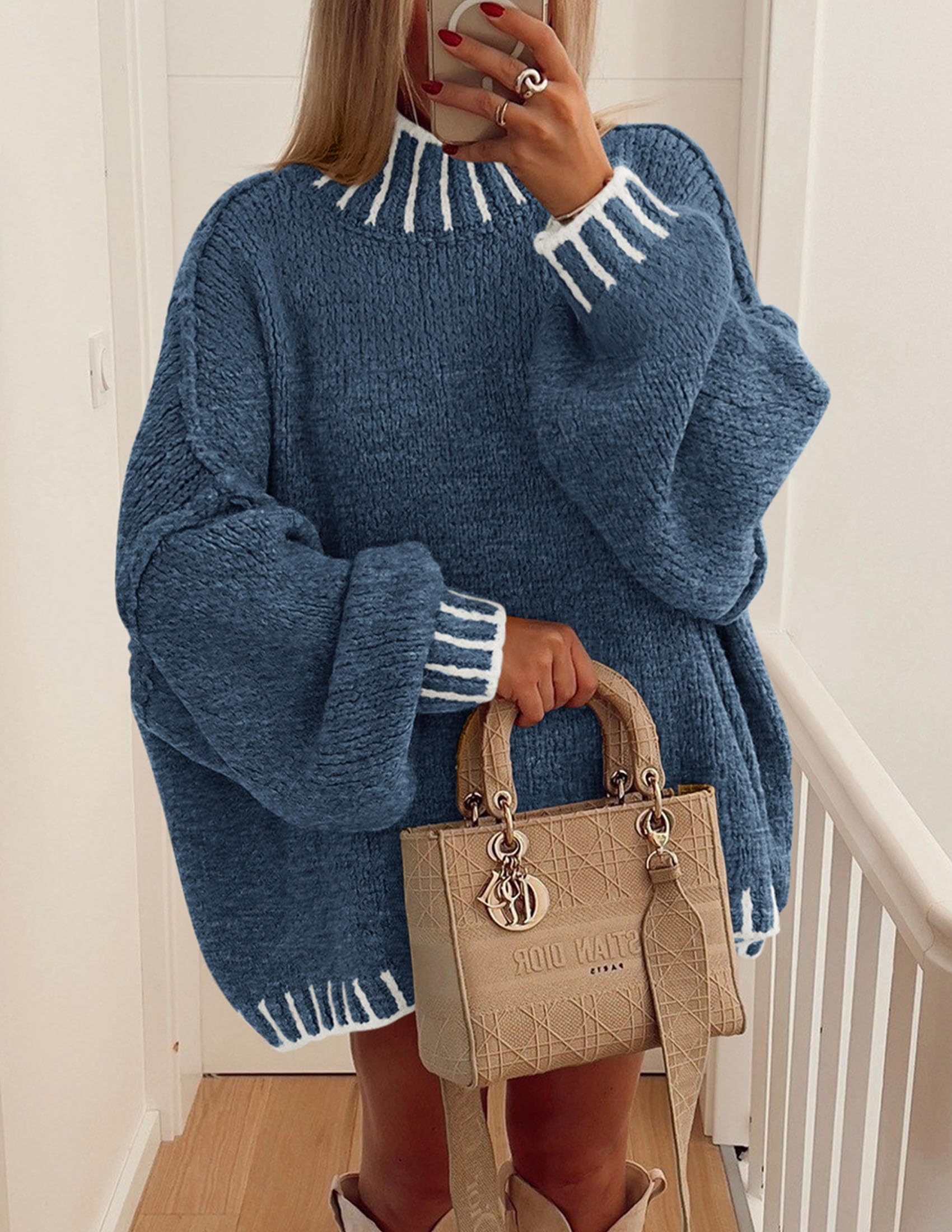 Women's Mock Neck Oversized Pullover Sweaters,Grey Blue,XS