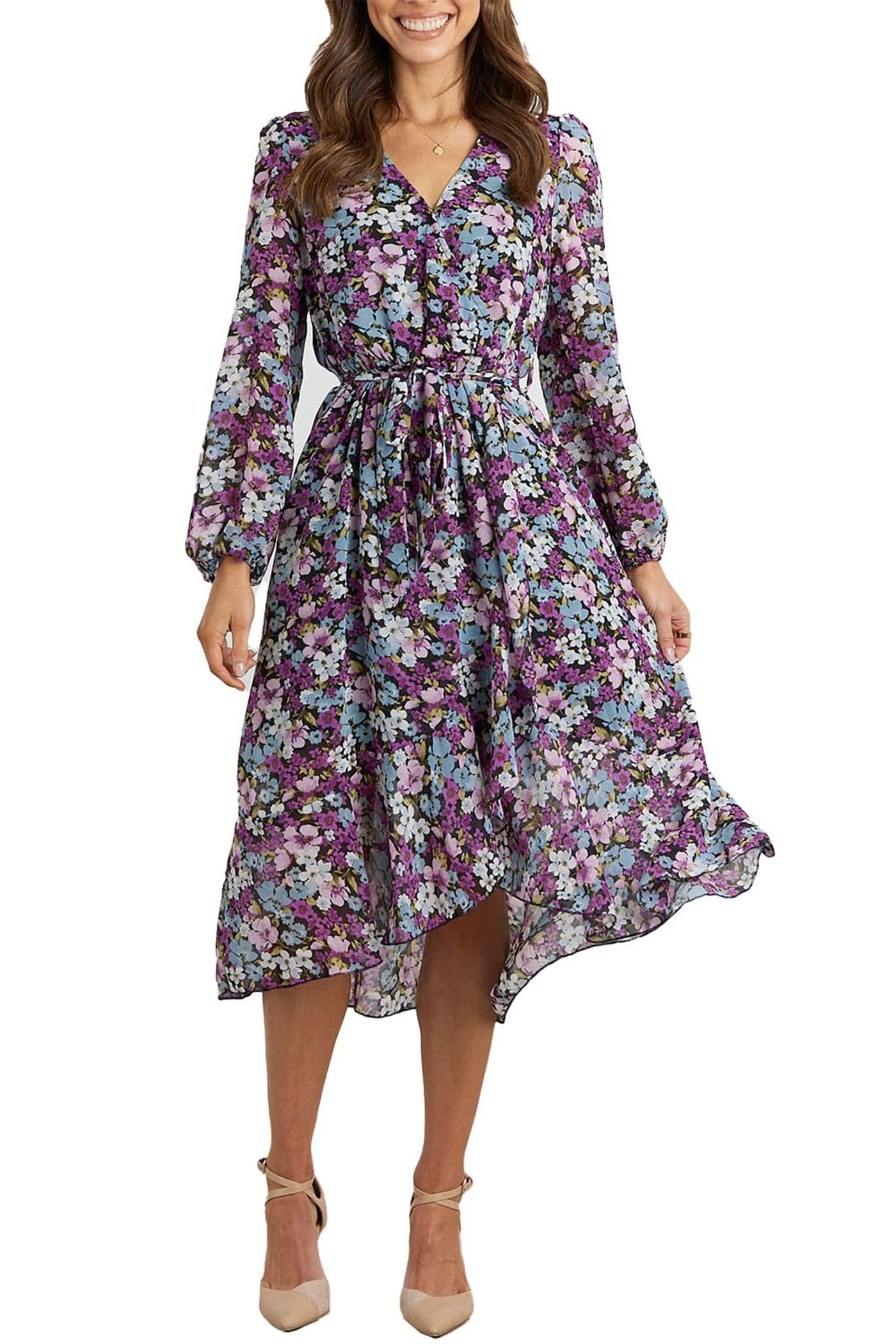 Women's Floral Boho Long Sleeve Maxi Dress, Floral Purple,S