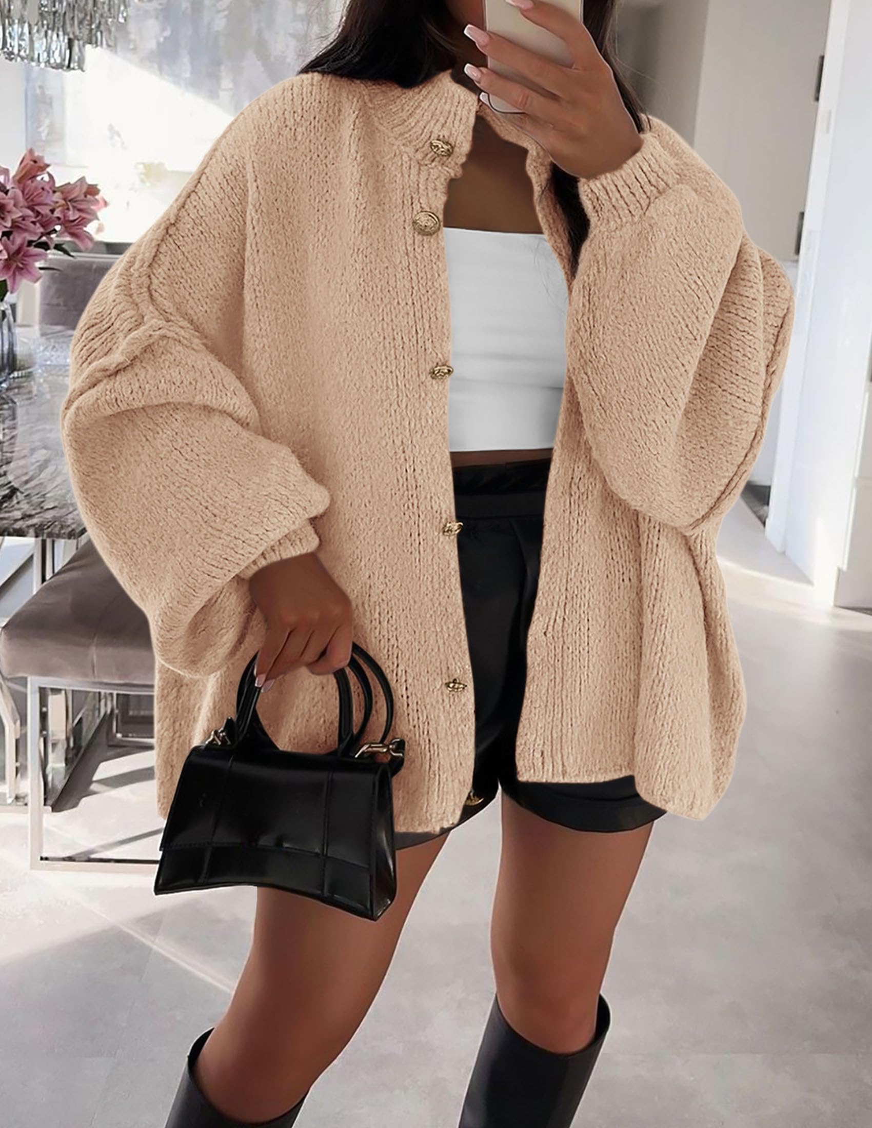 Women's Oversized Chunky Cardigan Sweaters(Apricot,Small)