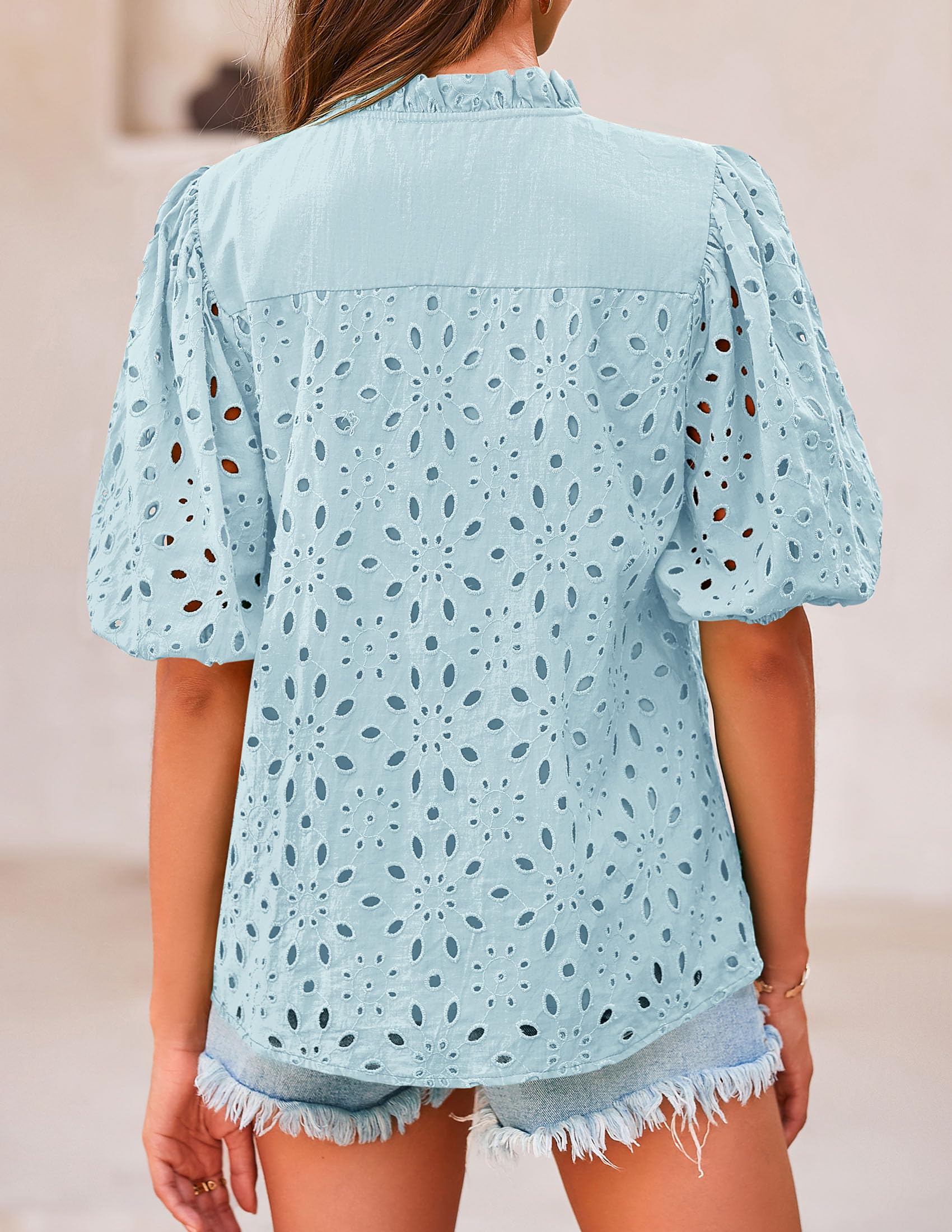 Womens Tops Boho Eyelet Puff Sleeve Blouse, Light Blue,S