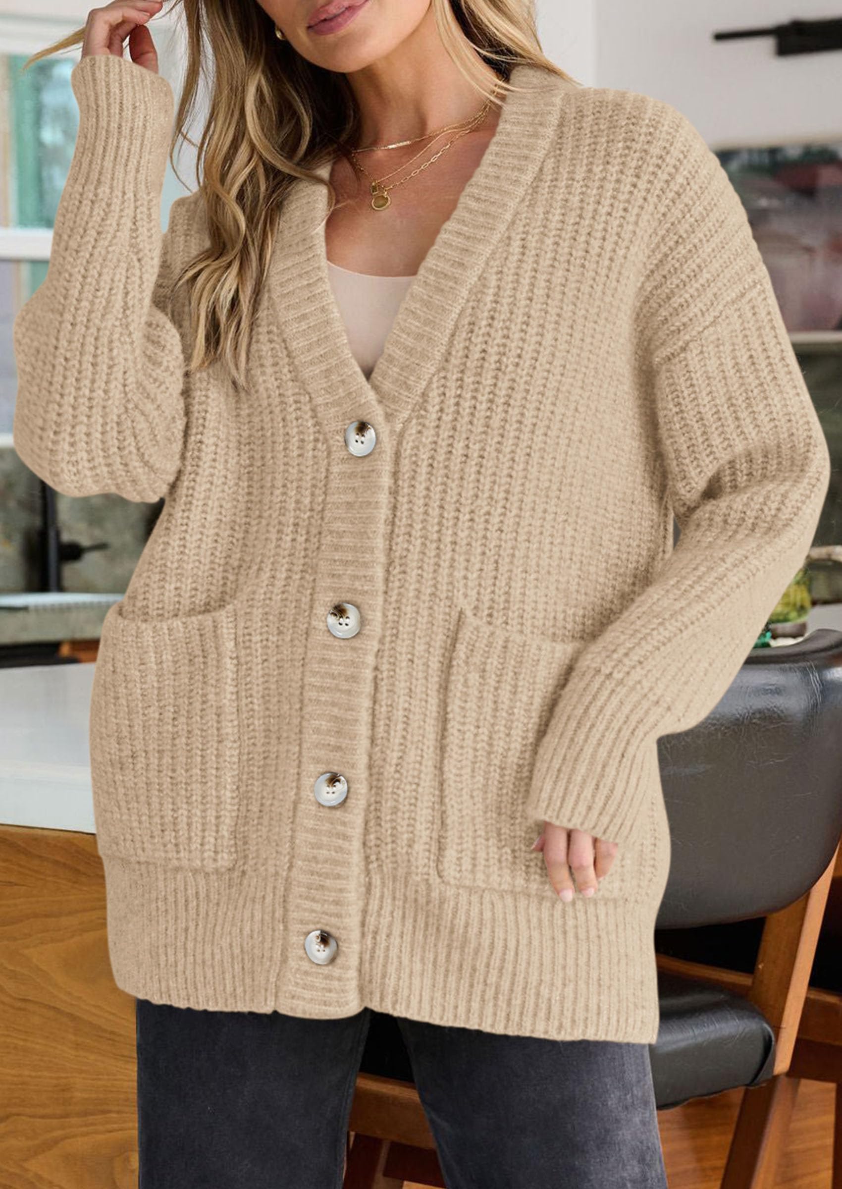 Oversized Cardigan Sweaters for Women Button Up,Khaki,S