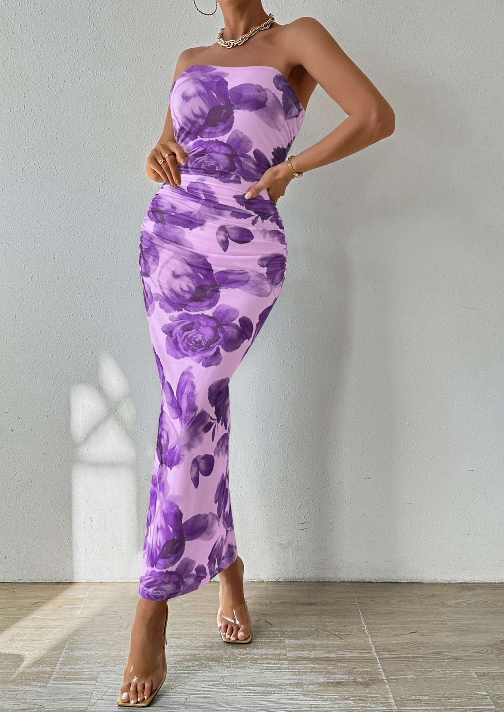 Women's Strapless Bodycon Floral Maxi Dress, Purple Flower,S