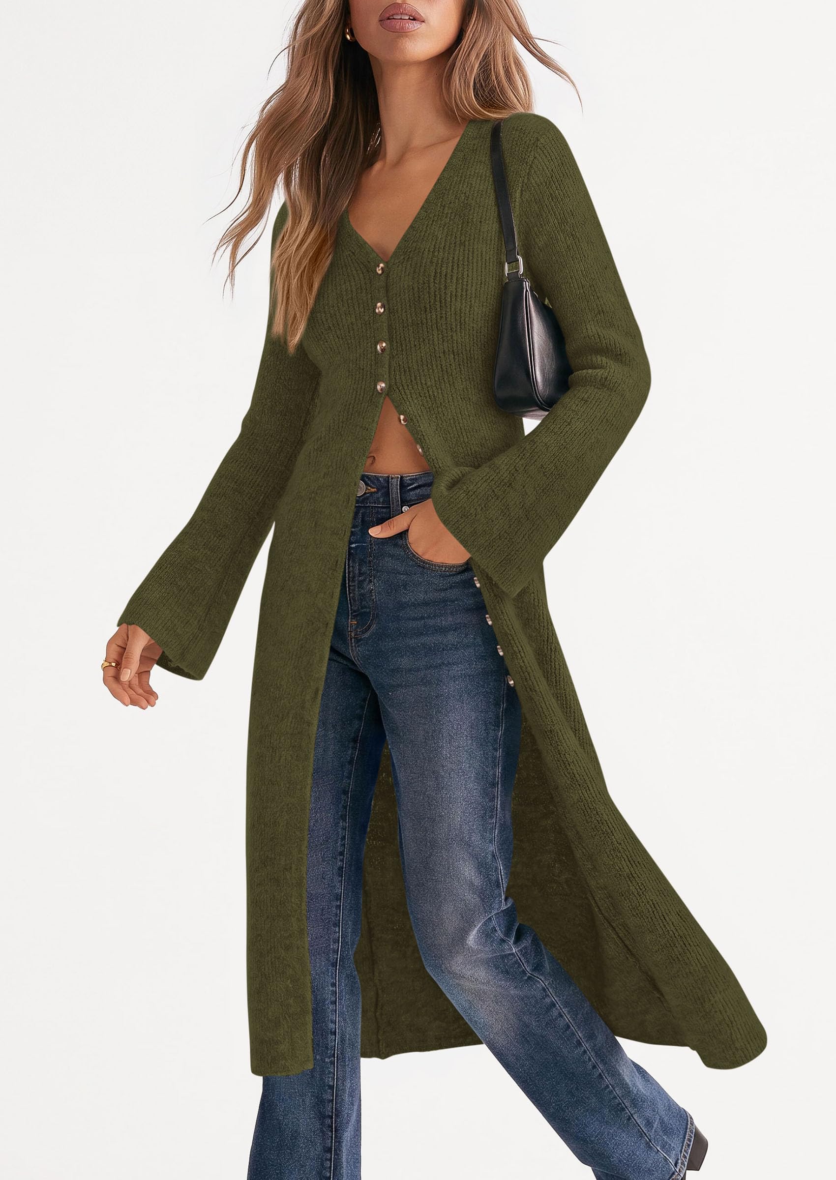 Women Long Cardigan Bell Sleeve Sweater Dress (Army Green,S)