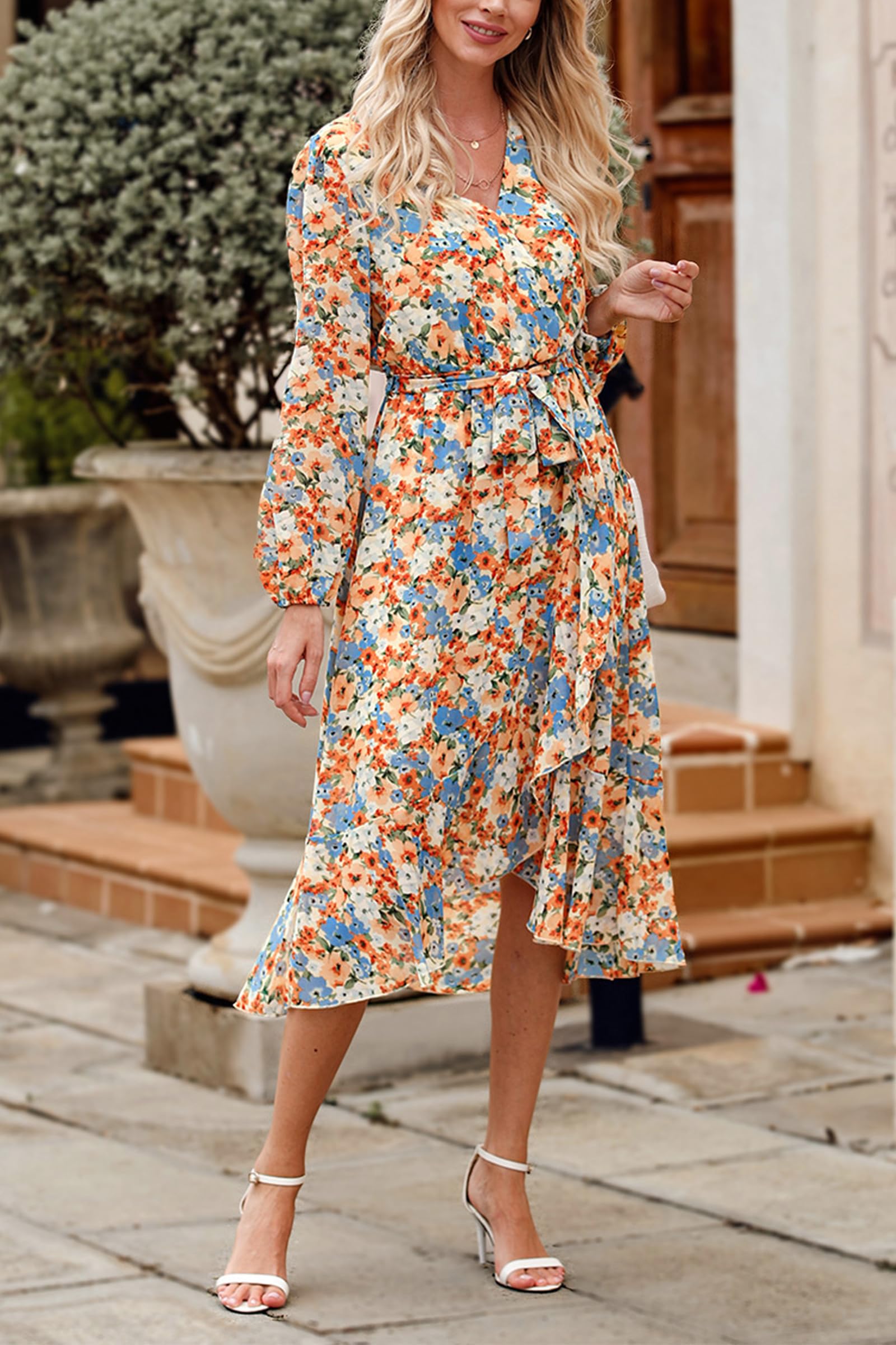 Women's Floral Boho Long Sleeve Maxi Dress, Floral Yellow,S