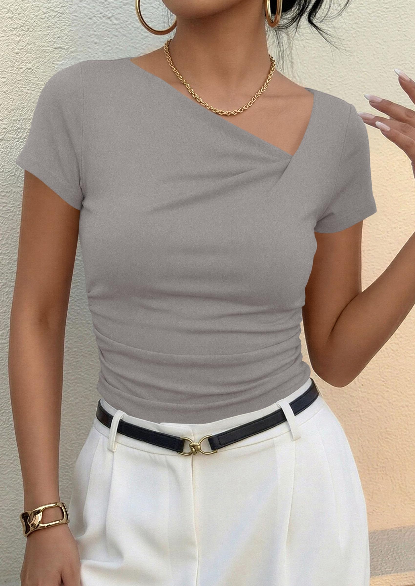 Women's Summer Trendy Asymmetrical Y2K Tops (Light Grey,S)