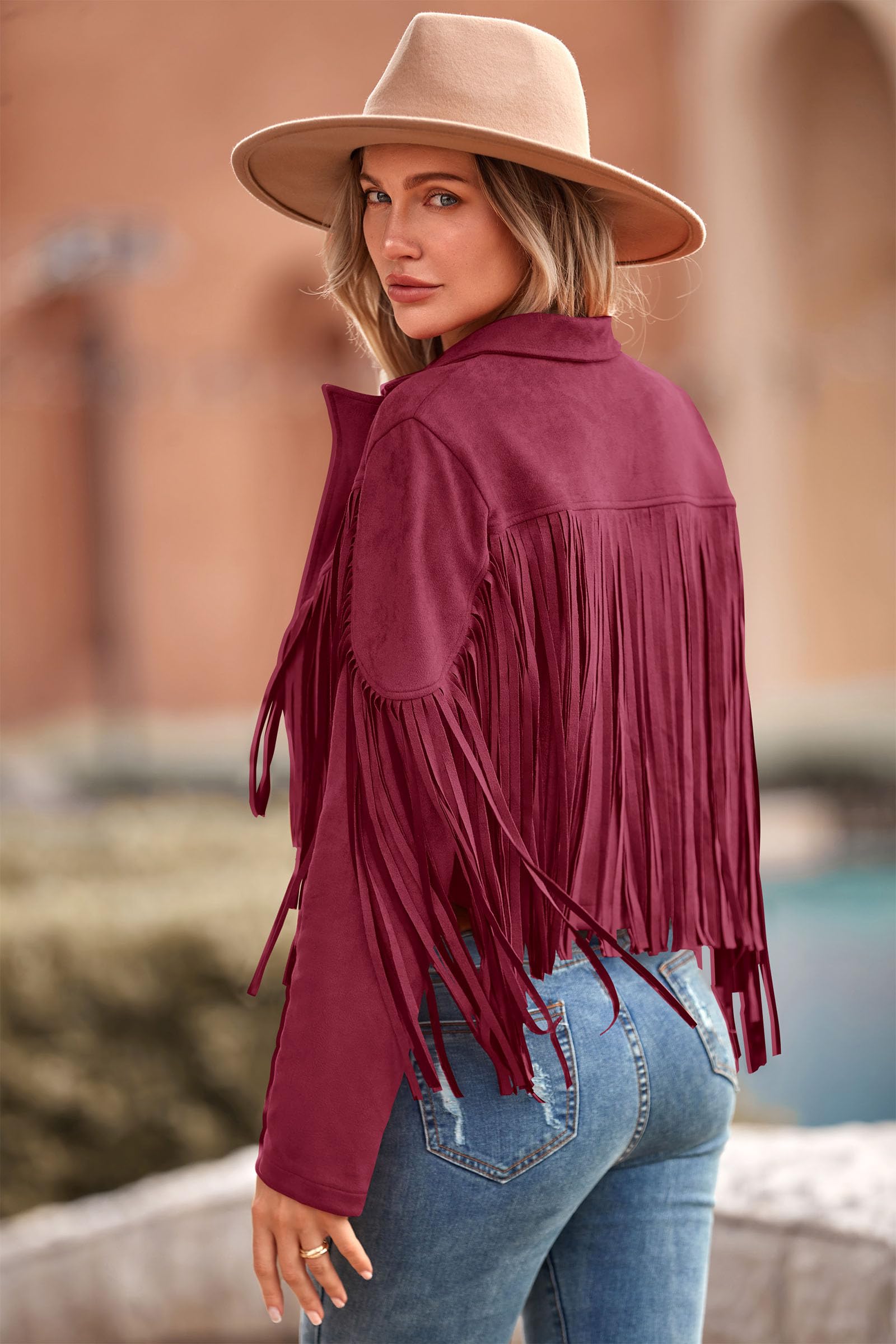 Women's Fringe Faux Suede Leather Jackets,Wine Red,S