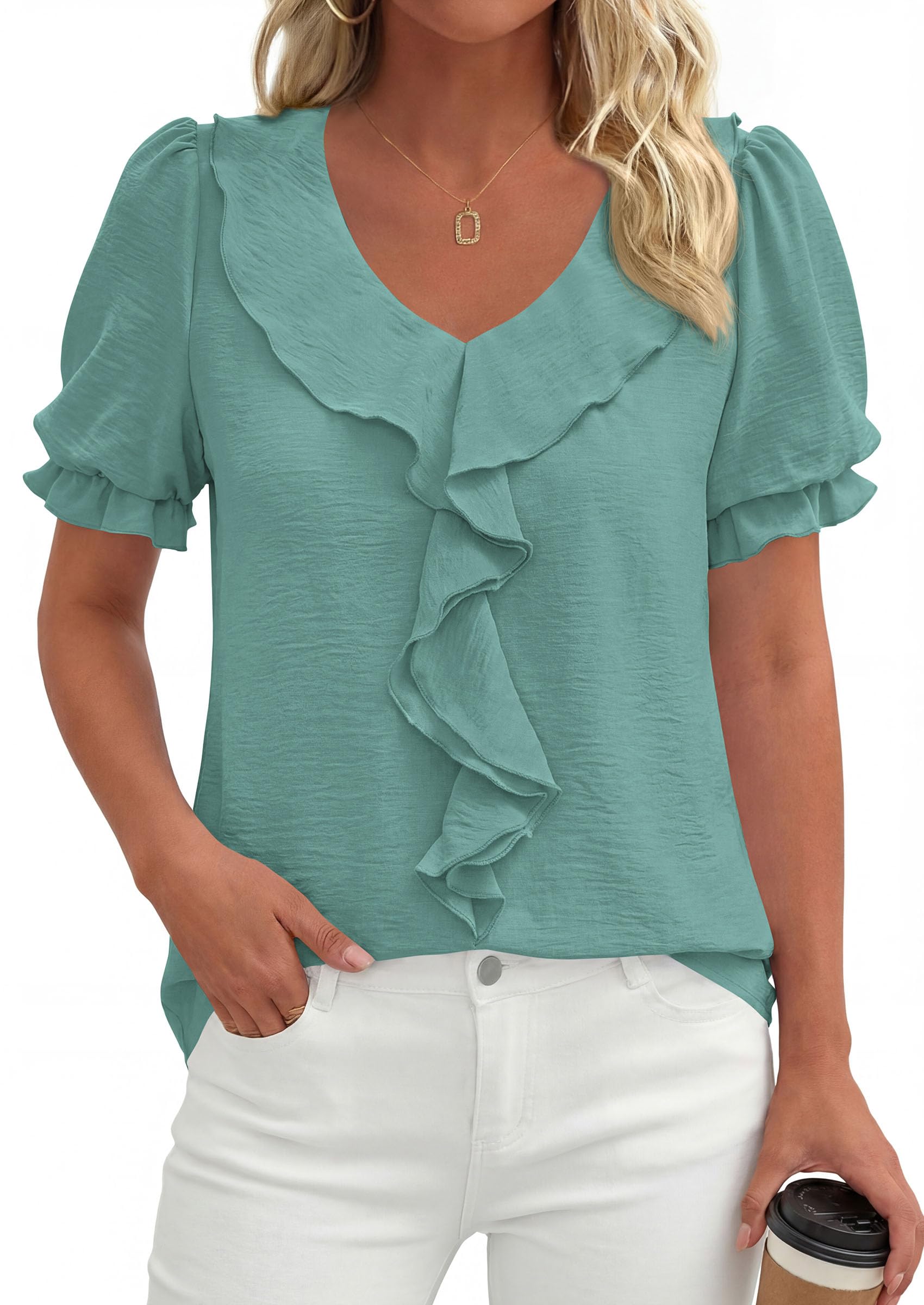 Women's Summer Ruffle Dressy Casual Blouses (Blue Green,S)